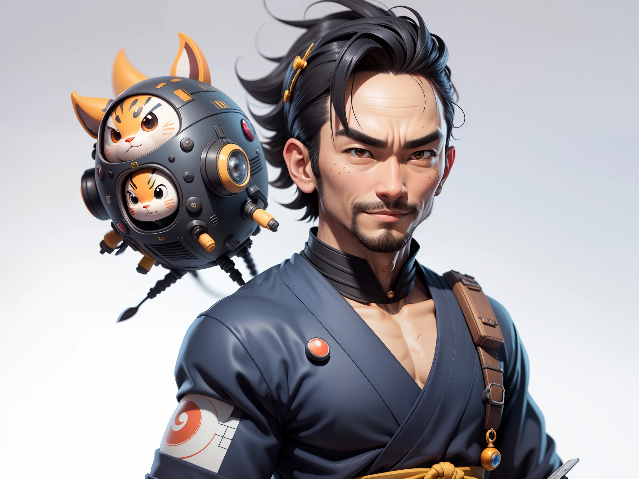 (Daisaku),(Need),(Super meticulous),(full bodyesbian:1.2),Super young man with Japanese geisha,Beautiful,orient,one tiger,Aeolian Thor,Raised sexy,爆乳,Oriental face,TV Anchor,Bust portrait illustration,In black suit,a blue tie,The face is slightly chubby,The face was clean,without a beard,Black super short hair,Black eyes,Smile confidently,3C computer sub-products,iPad, iphone,Digital painting,3D character design by Mark Clairen and Pixar and Hayao Miyazaki and Akira Toriyama,The illustration is a high-definition illustration in 4K resolution,With very detailed facial features and cartoon-style visuals。