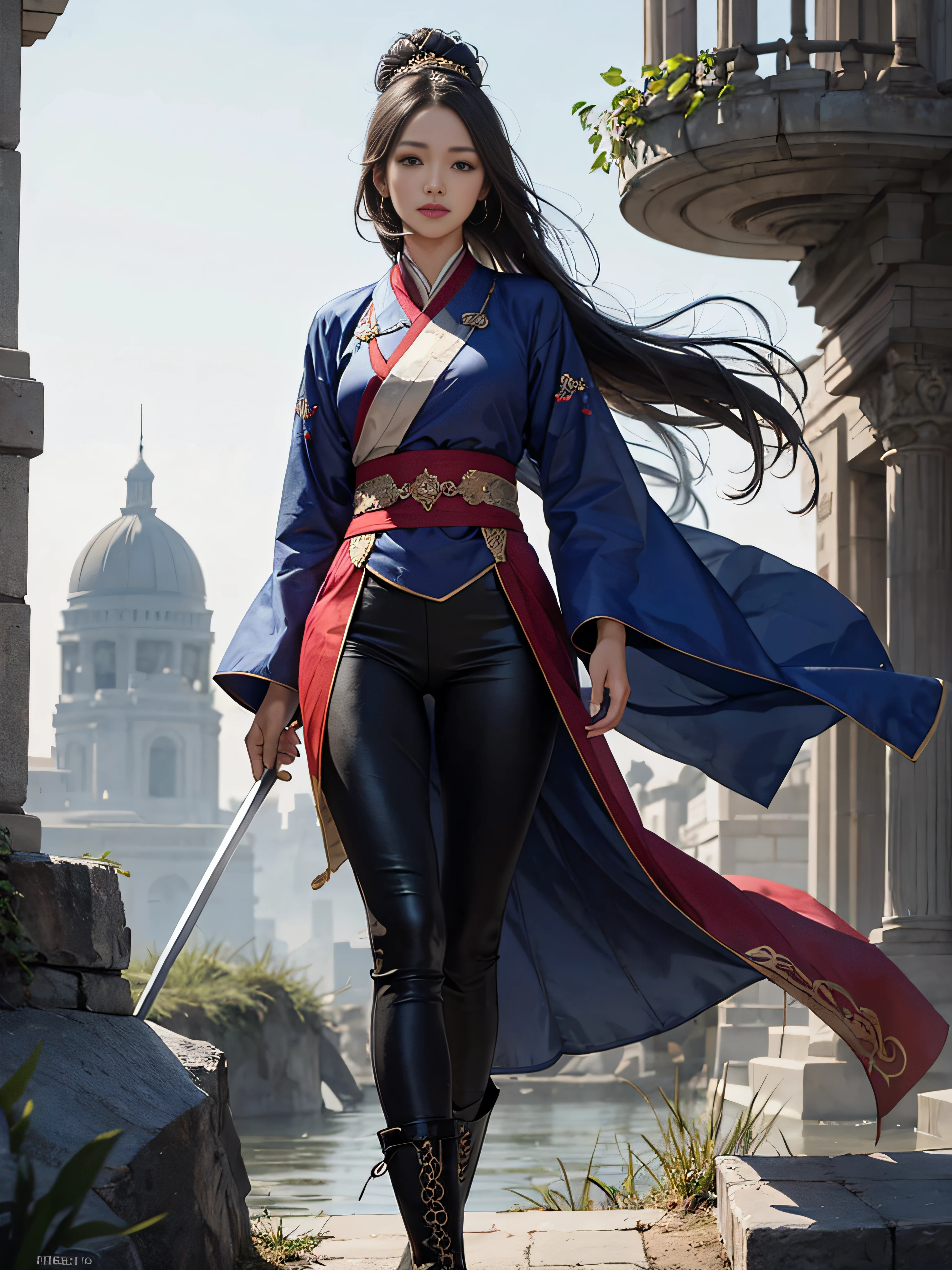 Royal sister,swordsmen,Big sister type,Oriental women,gallant woman,Cold sass,tmasterpiece,A high resolution,,Absolutely beautiful,,looking toward the viewer,frontage,(Wide buttock:1.3),(Thick legs:1.4),are standing,exquisitedetails,A high resolution,Wallpapers,1female,独奏,,enchanted、Raised sexy, cruel grin,ancient wind,Tight Hanfu,,Black all over,dark,Wear long pants,Wear boots,embroidery, natural poses,standing on your feet