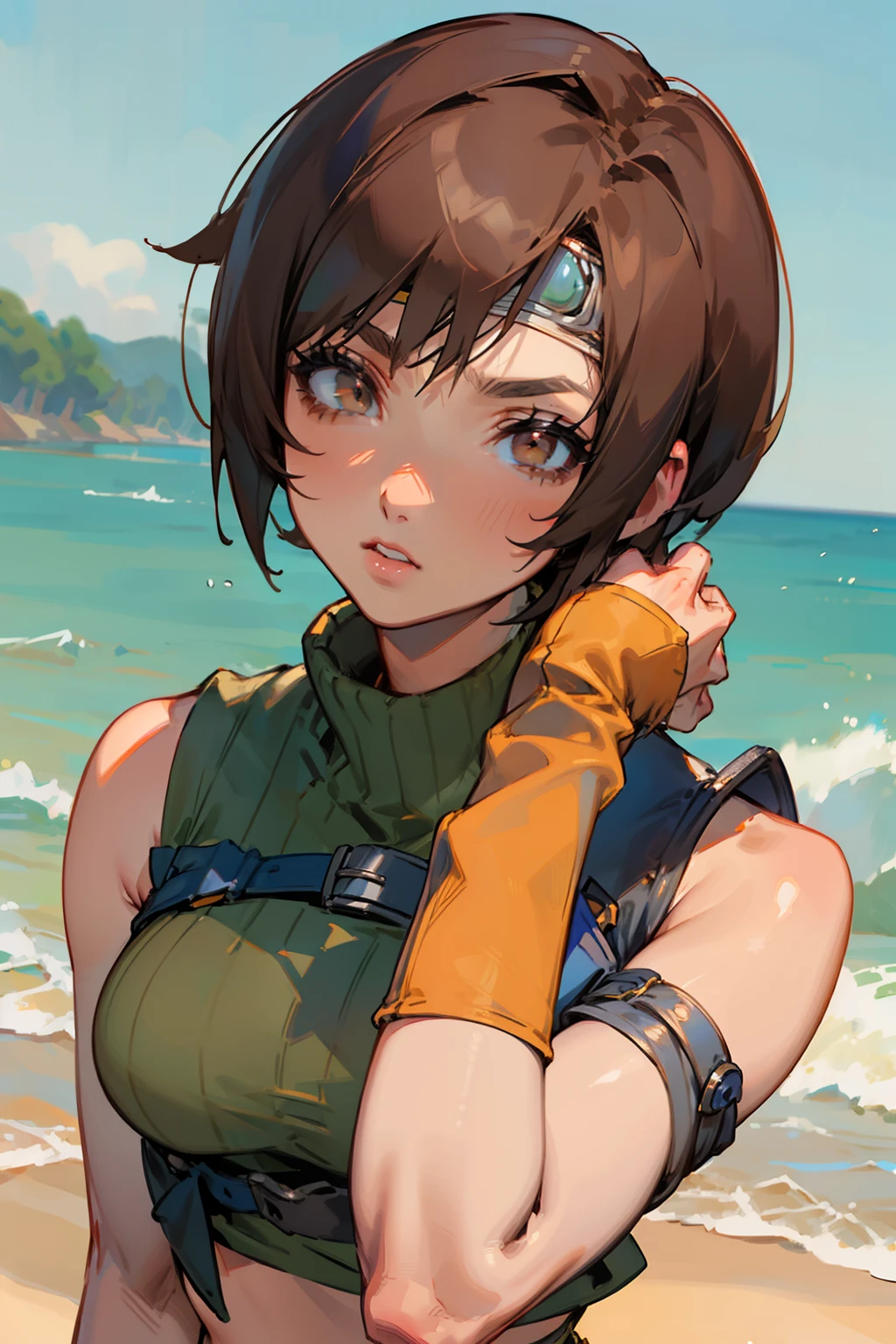 Yuffie_Kisaragi_01 Girls,  Brown eyes, Short hair, head band, Brown hair, sleeveless turtleneck, croptop, Beach, enraptured, Parted lips,(((facefocus))),Close Up Shot,Looking at Viewer,Slouched,((Hands behind the body)),frontage