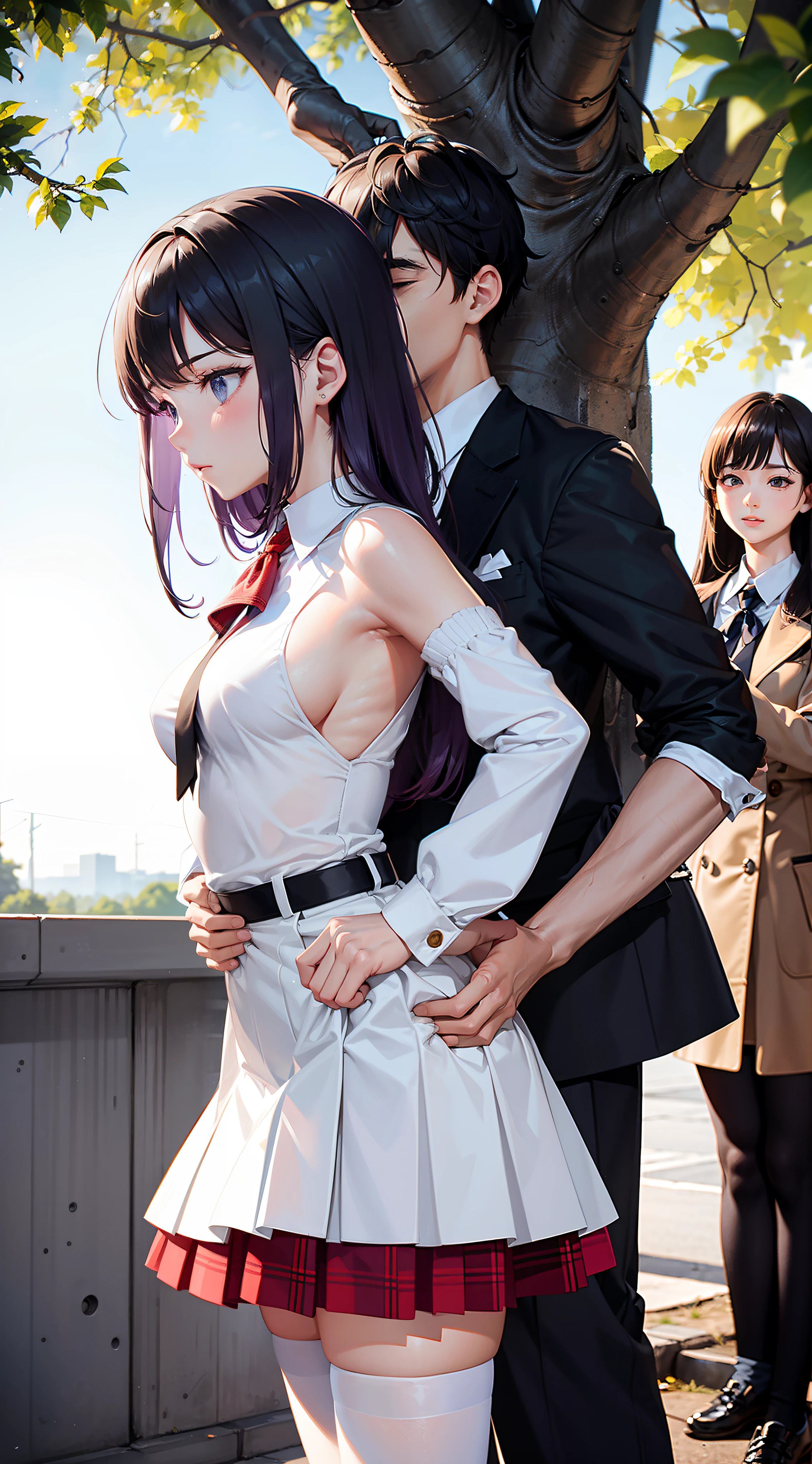 The man's hand caresses the girl's buttocks,The man's hand goes into the girl's skirt