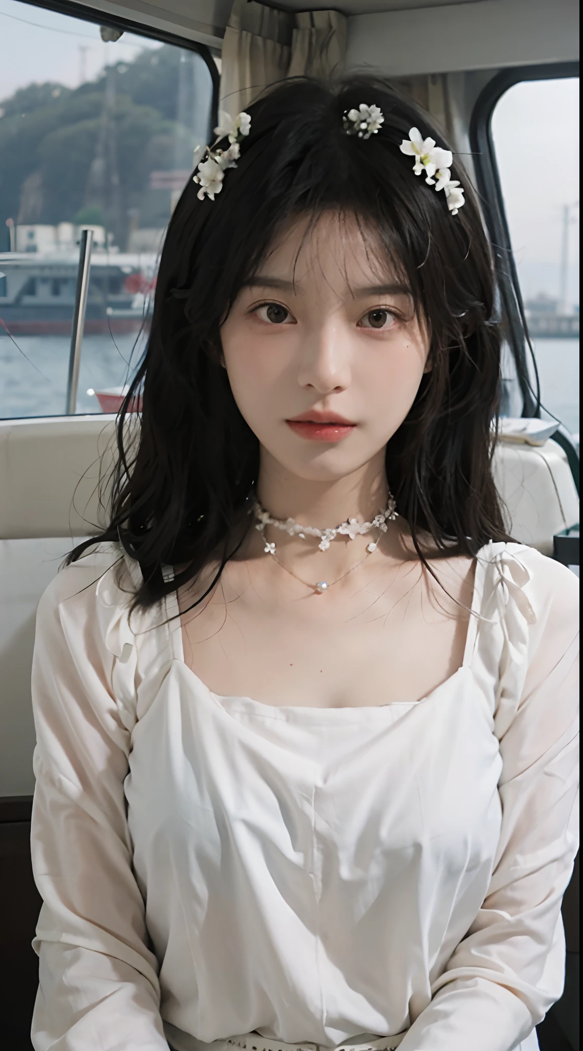 best qualtiy，tmasterpiece，超高分辨率，（realisticlying：1.4），1girll，Large wavy curls，二重まぶた，A pair of peach blossom eyes，Pure，Beautiful，Stunner，choker necklace，adolable，Snow-white translucent skin，head straight-looking at viewer，On the yacht，Full of atmosphere，Pure，leather clothes：1.8，（The upper part of the body：1.4），