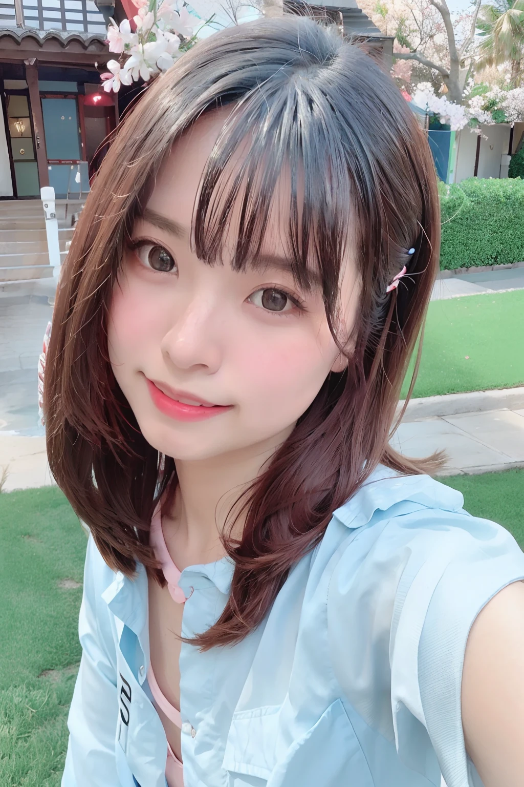 top-quality、超A high resolution、(photoRealstic:1.4)、red blush、cute little、(详细的脸)、a smile、Looking at the camera、The upper part of the body、swim wears、Sunnyday、Mare、(Palm trees)、blue-sky、