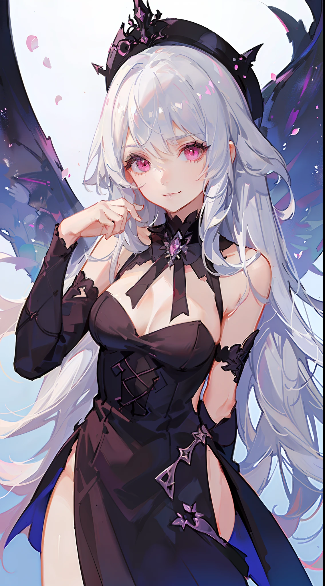 young girl, black skin, Long white hair with a pink parting, pink eyes, smirk, Vampire, White rich dress, Sleeveless, open breasts, Masterpiece, hiquality