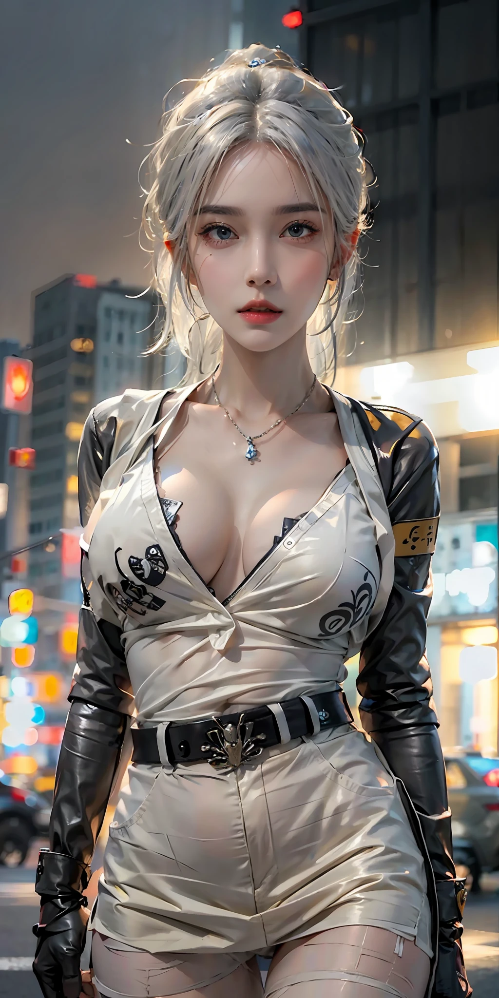 photorealistic, high resolution, soft light,1women, solo, hips up, (detailed face),tattoo, jewelry, night city, police uniform, white hair