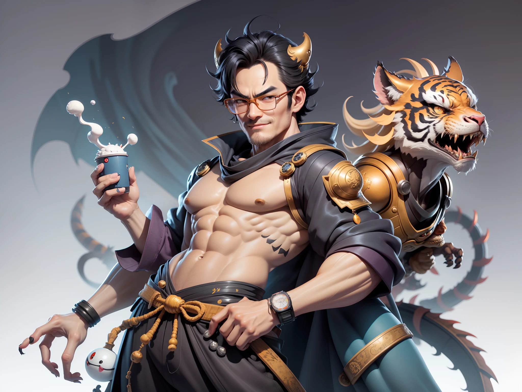 (Masterpiece), (Excellent), (Super Meticulous), (Full Body: 1.2), Super Young Man with Japanese Female Geisha, Pretty, Beautiful, Chinese Dragon, Tiger, Wind God Thor, Sexy, Bursting, Oriental Face, TV Anchor, Bust Portrait Illustration, Black Suit, Blue Tie, Slightly Chubby Face, Silver Glasses, Very Clean Face, No Beard on Chin, Black Super Short Hair, Black Eyes, Confident Smile, 3c Computer Sub-Products, iPad, iPhone, Digital Painting, 3D character design by Mark Clairedon and Pixar and Hayao Miyazaki and Akira Toriyama, the illustrations are HD illustrations in 4K resolution with highly detailed facial features and cartoon-style visuals.