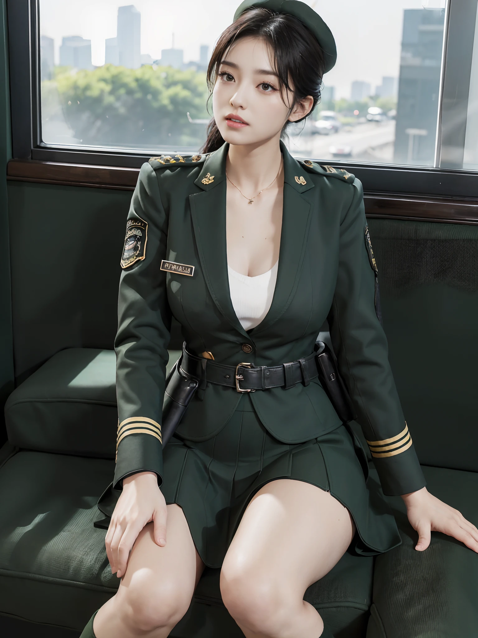 Very detailed CG unity 8K wallpaper，（tmasterpiece），（best qualtiy），（ultra - detailed），（Ultra photo realsisim），（best character detail：1.36），Nikon D750 f / 1.4 55mm，profesional lighting， physically-based renderingt, 1girll, Female soldier，army suit，Green military uniform，Fabric texture military uniform，Dark green tie，Army green skirt，military hat，Black hair，the golden ratio,[:(com rosto detalhado:1.2):0.2]:,PureErosFace_V1, broad shoulder,(Bigchest:1.5),(big assa:1.5)，Wide buttock ，Bare legged，Plump legs，Move the center of gravity back，Squat on the grass，Spread your legs apart，The skirt covers the bottom of the skirt，whitestocking，without wearing shoes，hands lying on thighs，Soaked with sweat，red flags，At the cafe，Night Street，bright sun，Look at the audience from the front，Bright smile，White teeth，lighting，Contre-Jour，