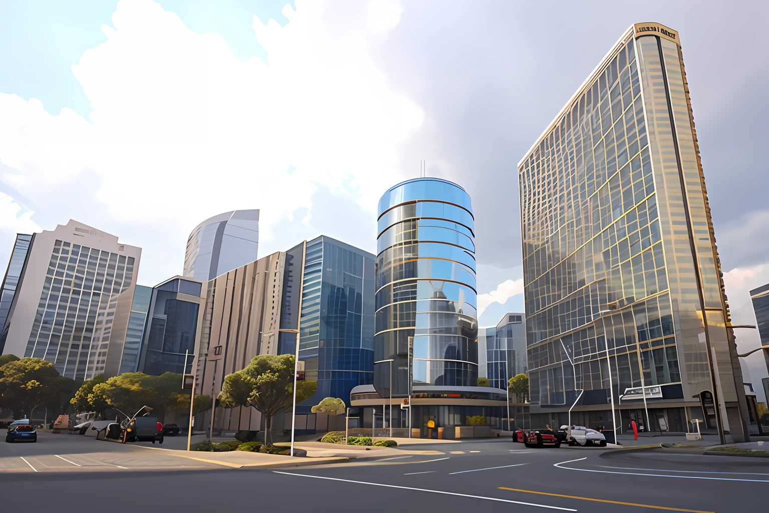 Cyberpunk Milky building Round glass building Glass texture Blue sky White cloud CG movie rendering Sci-fi Fine lines