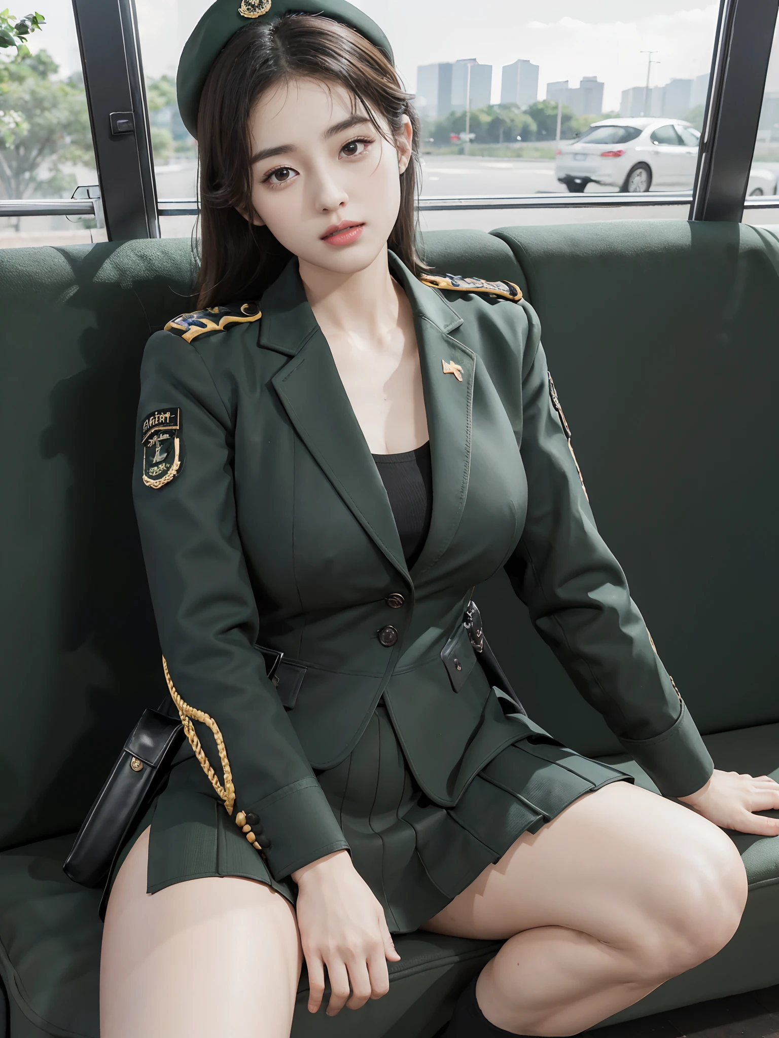 Very detailed CG unity 8K wallpaper，（tmasterpiece），（best qualtiy），（ultra - detailed），（Ultra photo realsisim），（best character detail：1.36），Nikon D750 f / 1.4 55mm，profesional lighting， physically-based renderingt, 1girll, Female soldier，army suit，Green military uniform，Fabric texture military uniform，Dark green tie，Army green skirt，military hat，Black hair，the golden ratio,[:(com rosto detalhado:1.2):0.2]:,PureErosFace_V1, broad shoulder,(Bigchest:1.5),(big assa:1.5)，Wide buttock ，Bare legged，Plump legs，Move the center of gravity back，Squat on the grass，Spread your legs apart，The skirt covers the bottom of the skirt，whitestocking，without wearing shoes，hands lying on thighs，Soaked with sweat，red flags，At the cafe，Night Street，bright sun，Look at the audience from the front，Bright smile，White teeth，lighting，Contre-Jour，