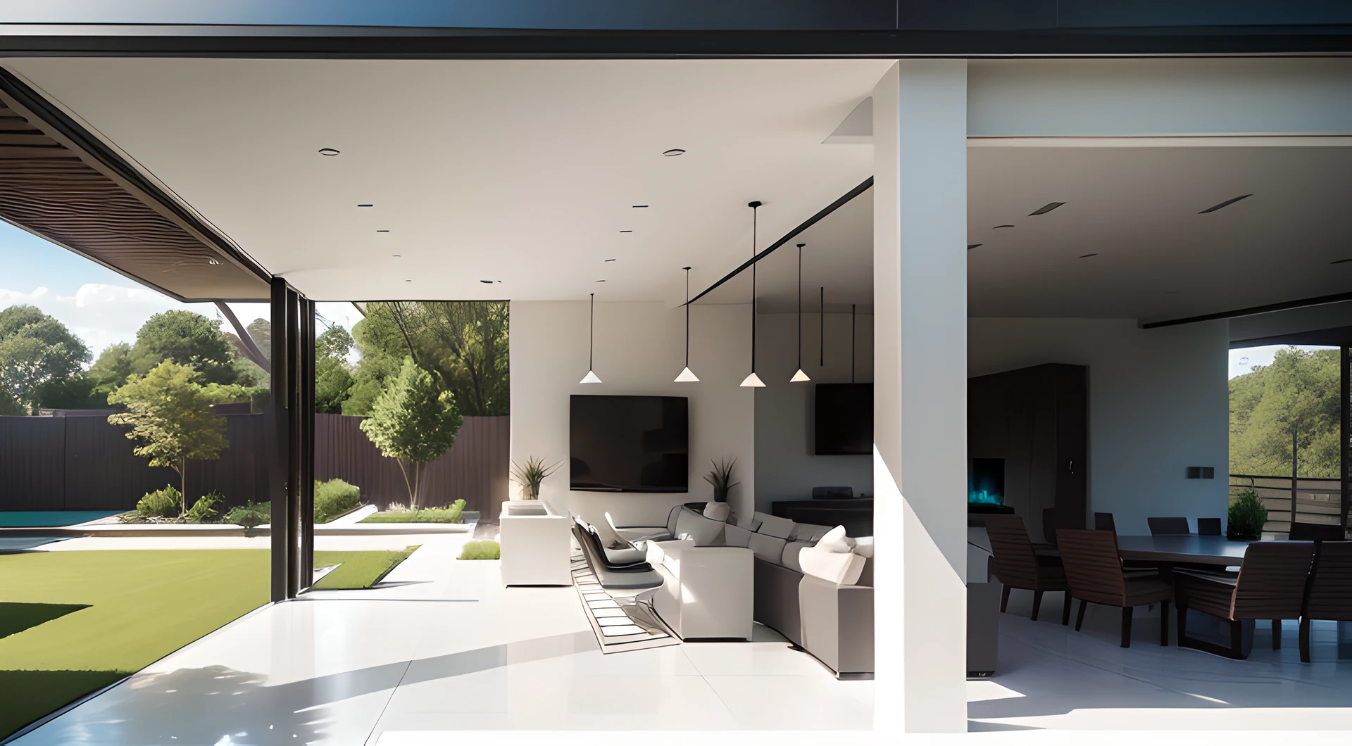 showcasing a modern white interior seamlessly blending with a serene backyard view. Capture the harmonious transition between indoor and outdoor spaces, emphasizing the clean lines and tranquility of the setting.