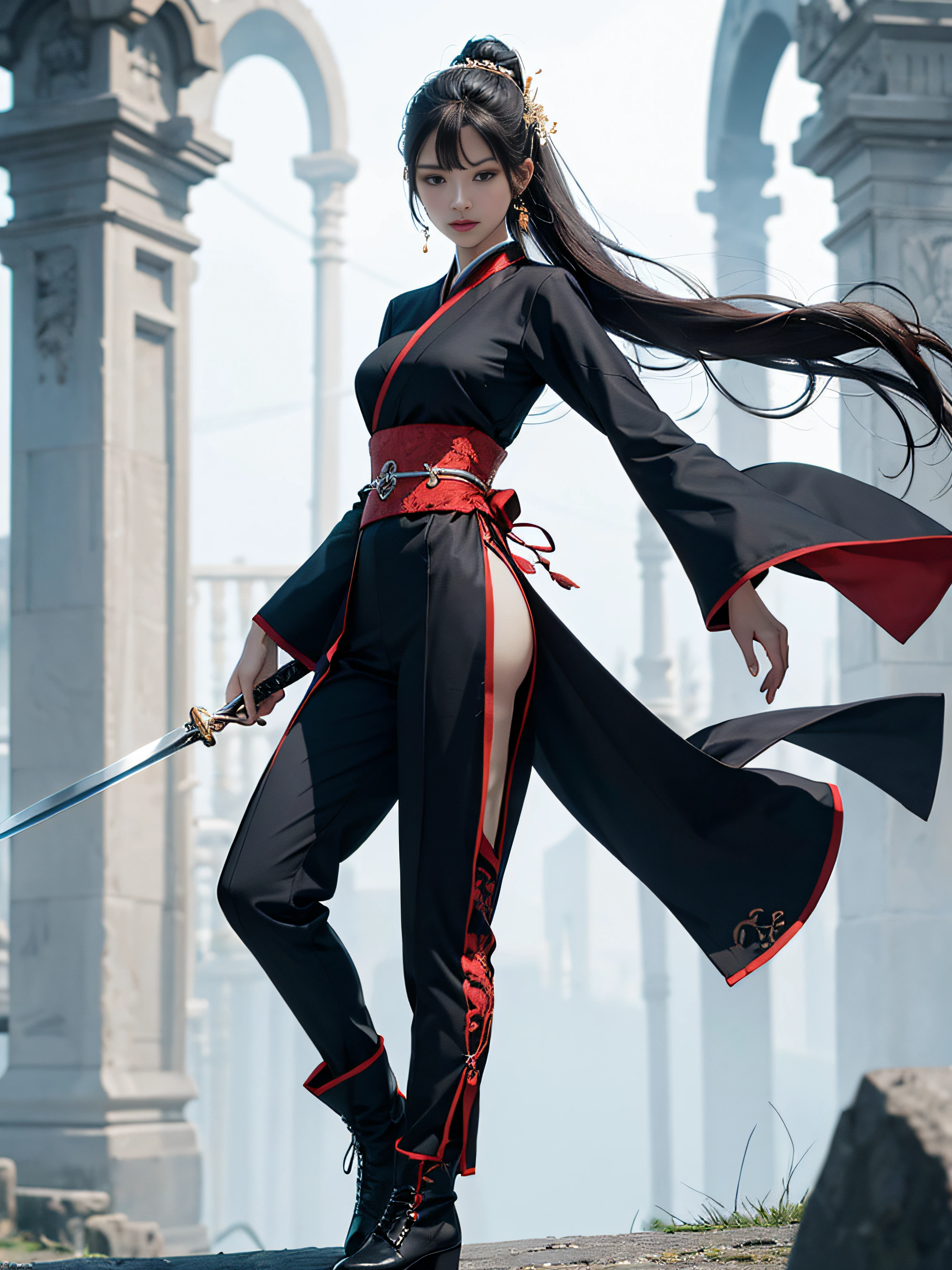 Royal sister,swordsmen,Big sister type,Oriental women,gallant woman,Cold sass,tmasterpiece,A high resolution,,Absolutely beautiful,,looking toward the viewer,frontage,(Wide buttock:1.3),(Thick legs:1.4),are standing,exquisitedetails,A high resolution,Wallpapers,1female,独奏,,enchanted、Raised sexy, cruel grin,ancient wind,Tight Hanfu,,Black all over,dark,Wear long pants,Wear boots,embroidery, natural poses,standing on your feet