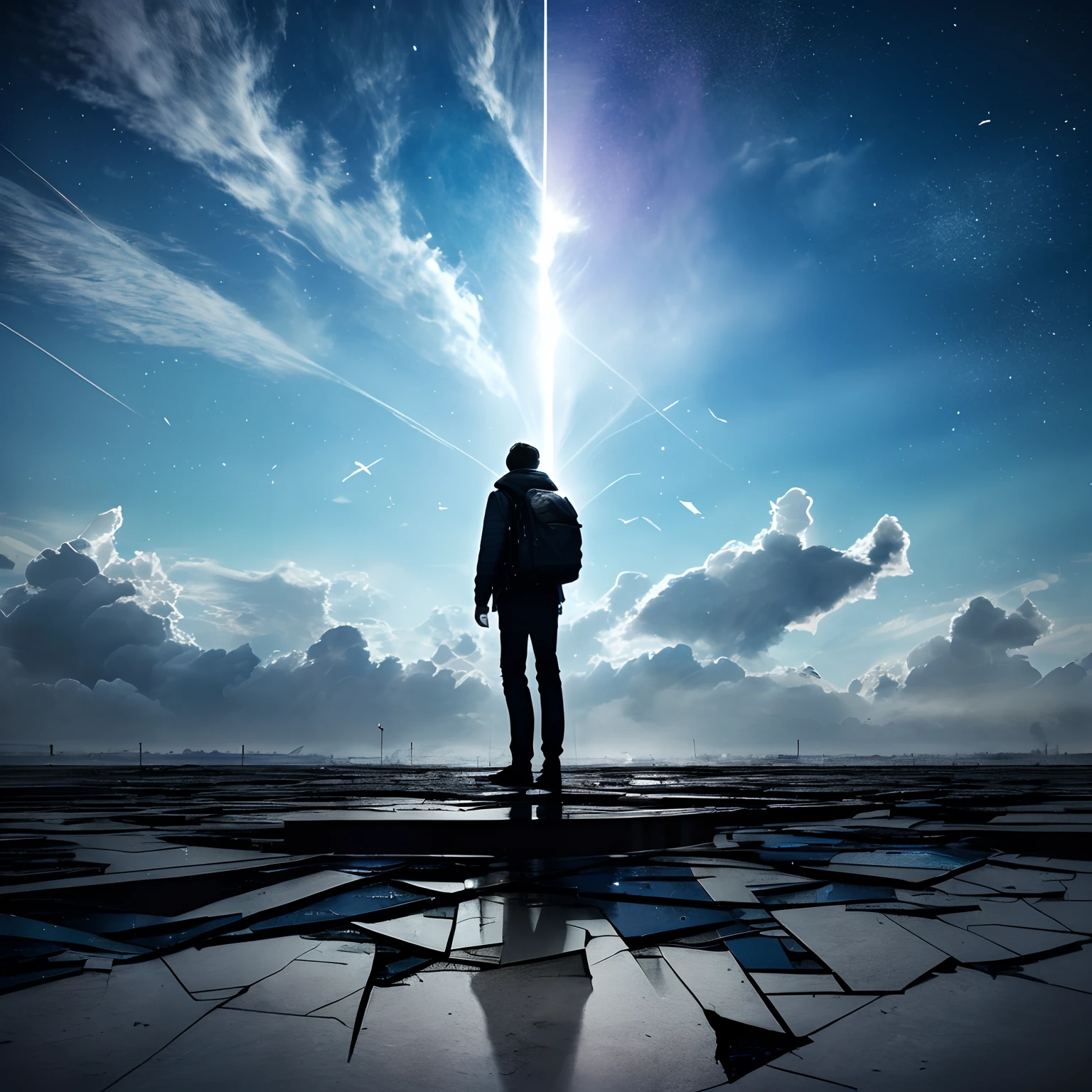The sky is shattered,There was a man standing on the ground