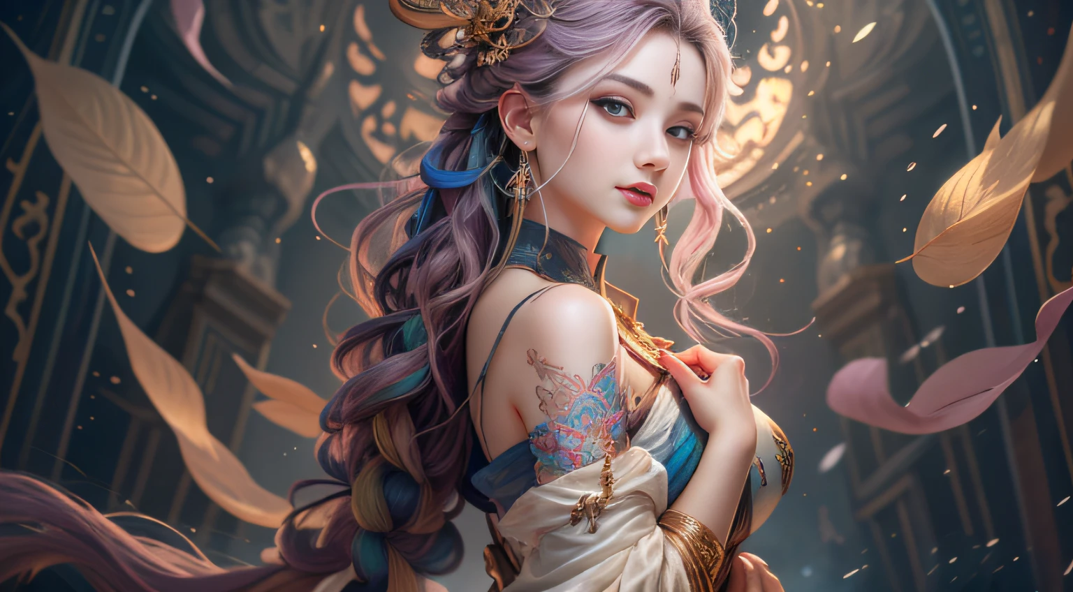 (Best Quality, 8K, Masterpiece, HDR, Soft Lighting, Picture Perfect, Realistic, Vivid), Full body photography of Fox girl in lotus pose，Red Hair, Raw, movie shot, (Sharp focus:1.5), (Reality:1.4), Dusk lighting, Volumetric Lighting, Ultra-high resolution,Dramatic Lighting, (Zentangle，Mandala，Tangle，Entanglement), Fox Demon，Fox Mask, Sexy Revealing Clothes, Bodysuit with Glitter Texture, Foxfire Curse, fox family, Transformation, Depth of Field, dreamy atmosphere, Chaos in its most beautiful form, grace, Brutalist design dark theme, Flower of Death, Flowers of ecstasy，Glowing Line,Glow Example，Tracking example，flash， Backlight，translucent，Light Particles, (Ultra High Quality Fantasy Art), Masterpiece, Female Model, Ultra High Quality Female Character Designs, Detailed 8k Anime Art, Realistic Anime Art, Highest Quality Wallpapers, Intricate Ultra High Quality Accurate Female Character Faces, High Quality Designs and Accurate Physics (Fantasy - Ultra High Quality) quality)) art), dark fantasy style), masterpieces, super high-quality characters, anime resolution - 8K, realistic anime art, wallpaper with the highest quality illustrations, ultra-high detail of faces, high-quality design and accurate physics), color, depth of field, shadows, ray tracing, high quality workmanship. -high quality and 8K resolution, (Accurate simulation of the interaction of light and materials)], [High-quality hair detail [More about beautiful and shiny red hair]], (Beautifully detailed hands [perfect fingers [Perfect nails]]], (perfect anatomy (perfect proportions)))) [[Full-length]], [Perfect combination of colors (Accurate imitation of the interaction of light and material)], [art that conveys the meaning of the story]