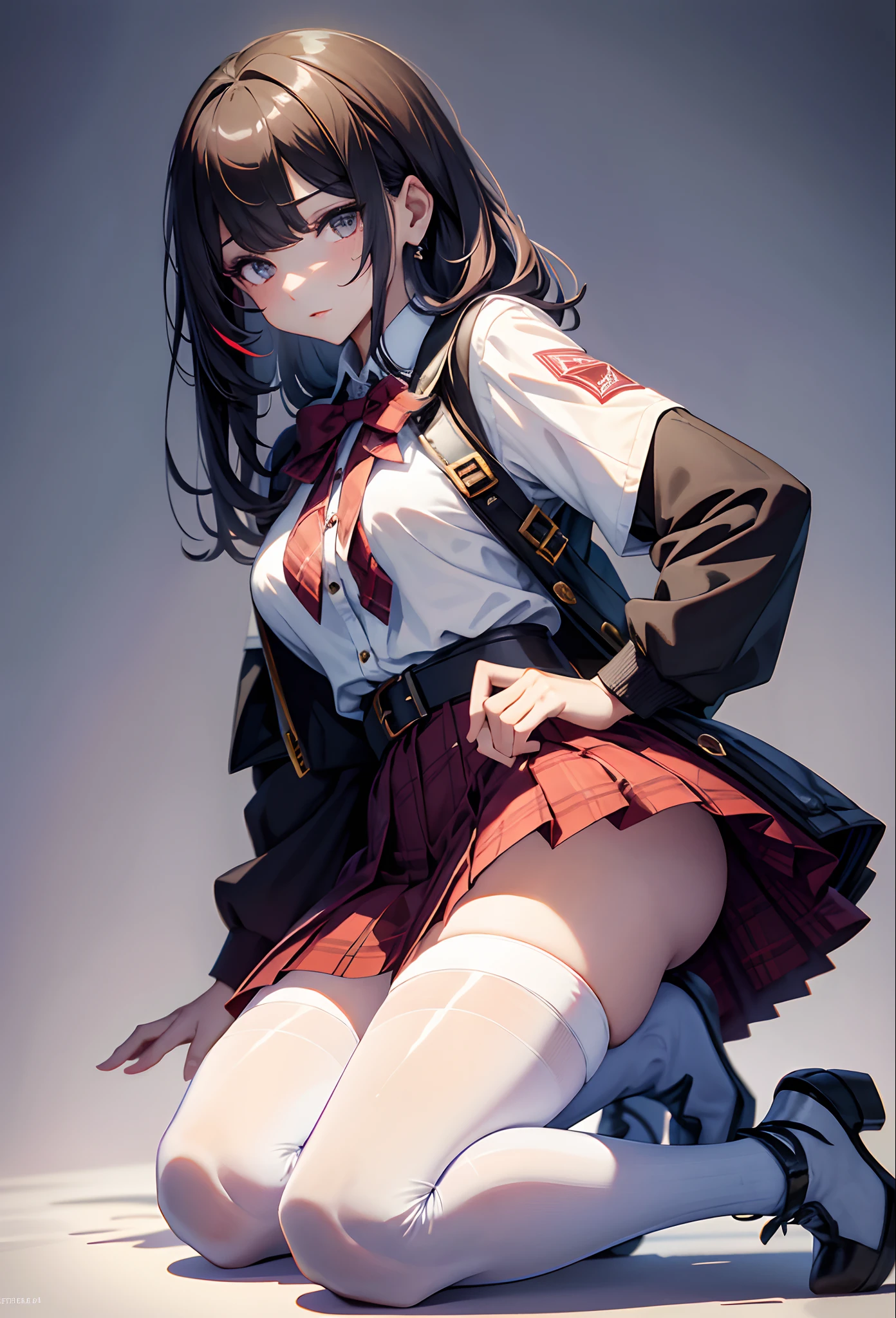 best qualityer，tmasterpiece，Ultimate resolution，downy，Extremely colorful，mature pretty woman，（JK school uniform），neck bowtie，Plaid skirts，（Beauty severed head），Normal posture，Redlip，（Kneeling pose）（Point at you with your ass），shackle，behead，Collar，handcuff，Anklets，（white stockings），Mary Jane shoes，Normal posture
