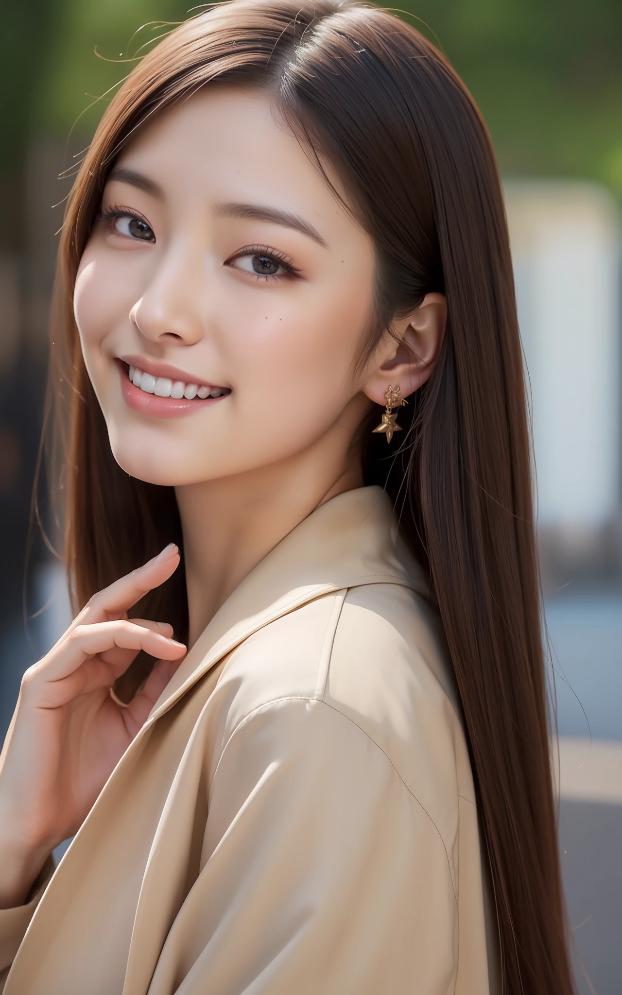 ((top-quality、in 8K、​masterpiece:1.3、超A high resolution))、(Clear focus:1.4)、BREAK、A Japanese Lady、年轻、1 persons、full bodyesbian、light skinned、((dark brown  hair))、Long、(Black trench coat:1.2、Detailed fabrics)、Super fine face、A detailed eye、Narrow-eyed、二重まぶた、Reddish cheeks、Detailed skin、Sweating、Lustrous skin、Shine skin、Shaded skin、Wearing makeup、ruddy lips、a smile、Large breasts、looking in camera、BREAK、(细致背景、Paris:1.5)、Daytime、Natural lighting