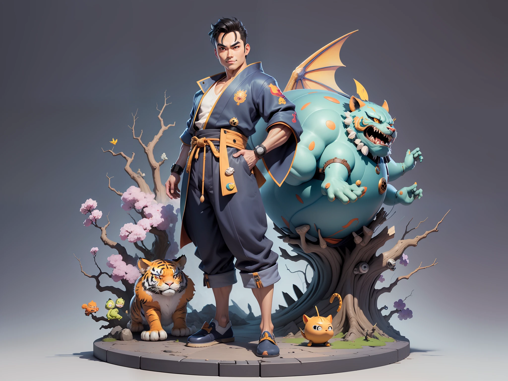 (Masterpiece), (Excellent), (Super Meticulous), (Full Body: 1.2), Super Young Man, Oriental Face, Japanese Kimono, Japanese Wind Thunder God, Dragon, Tiger, TV Anchor, Bust Portrait Illustration, Alone, Black Suit, Blue Tie, Slightly Chubby Face, Very Clean Face, No Beard, Black Super Short Hair, Black Eyes, Confident Smile, 3c Computer Sub-Products, iPad, iPhone, Digital Painting, 3D Character Design by Akira Toriyama and Mark Claireden and Pixar and Hayao Miyazaki, The illustration is a high-definition illustration in 4K resolution with very detailed facial features and cartoon-style visuals.
