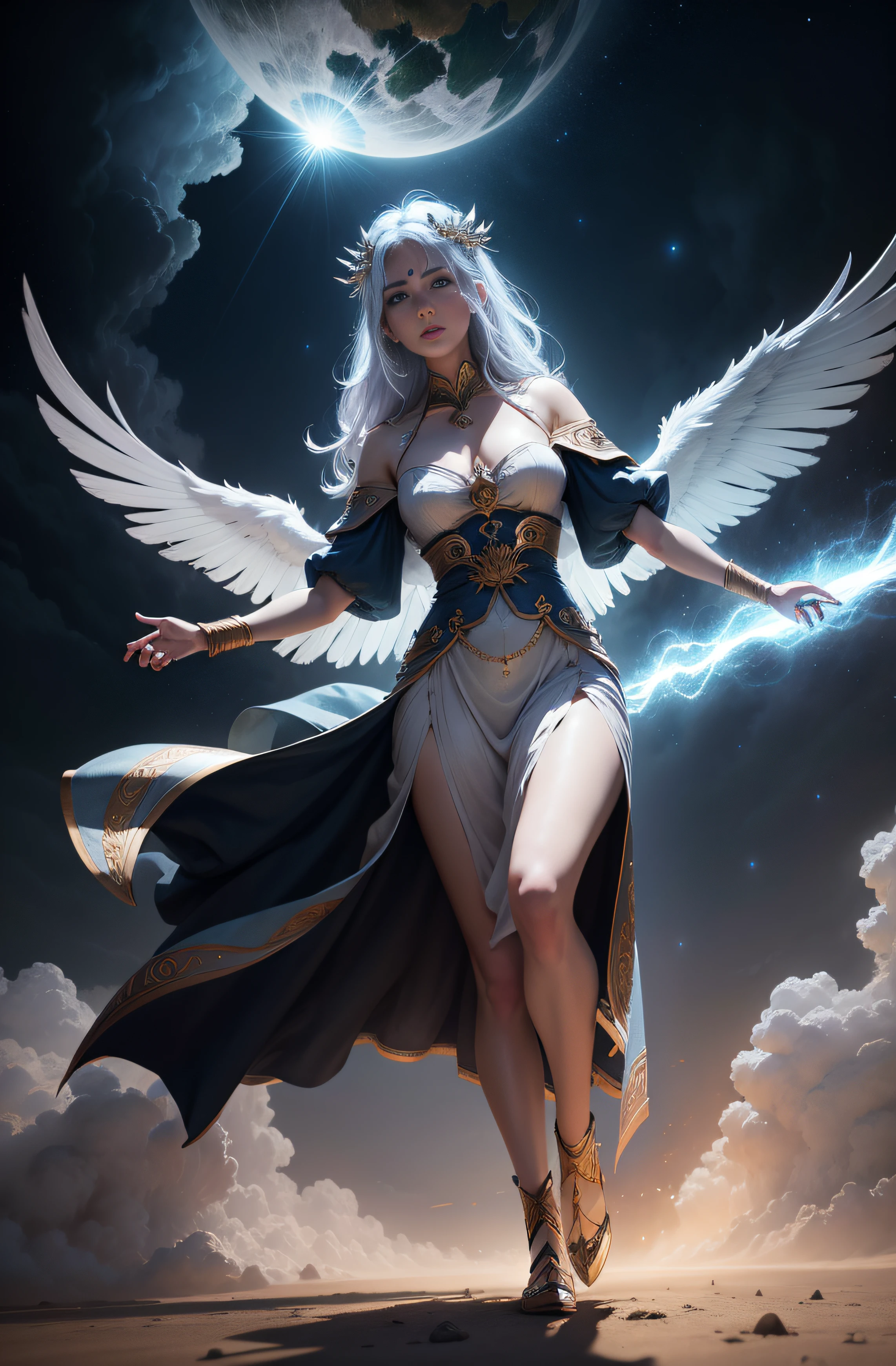 Generate a scene that shows celestial beings joining forces to overcome evil authorities on a spiritual battlefield.