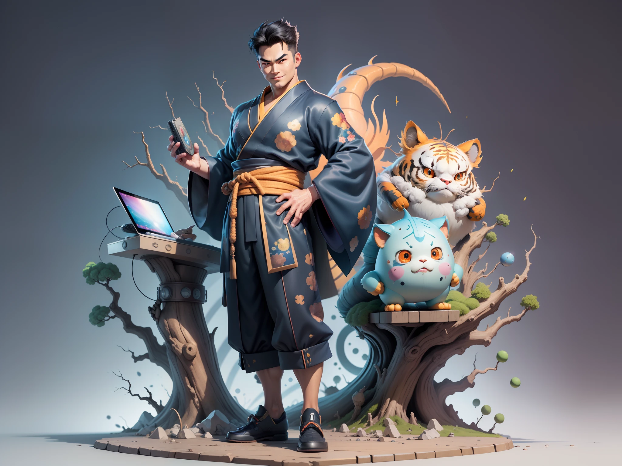 (Masterpiece), (Excellent), (Super Meticulous), (Full Body: 1.2), Super Young Man, Oriental Face, Japanese Kimono, Japanese Wind Thunder God, Dragon, Tiger, TV Anchor, Bust Portrait Illustration, Alone, Black Suit, Blue Tie, Slightly Chubby Face, Very Clean Face, No Beard, Black Super Short Hair, Black Eyes, Confident Smile, 3c Computer Sub-Products, iPad, iPhone, Digital Painting, 3D Character Design by Akira Toriyama and Mark Claireden and Pixar and Hayao Miyazaki, The illustration is a high-definition illustration in 4K resolution with very detailed facial features and cartoon-style visuals.