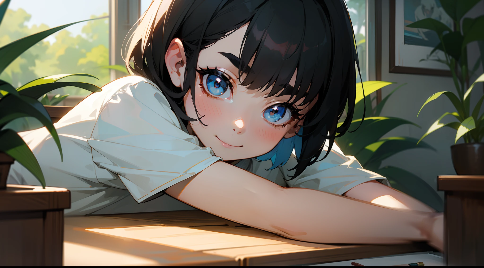 Original Characters、Volume Lighting、Best Shadows、Shallow depth of field、Portrait of an amazingly beautiful girl、Delicate beautiful attractive face with petite and seductive eyes、Drawing a picture of the forest at a desk in a Scandinavian style room、houseplant、Sharp Eyebrows、huge smile、Black Hair Shortcut Hair、Blush Eyeshadow、Shining eyes、Dark eyelashes、white t-shirts、Slim waist、(top-quality、Superb Detail:1.25)、(独奏:1.3)、Brilliant Colorful Paintings