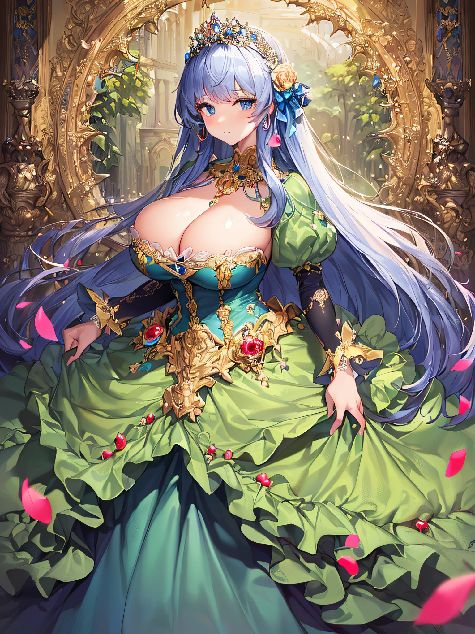 ((anime artstyle)),(Masterpiece),(Best Quality), (Super Detail),((Very Delicate and Beautiful)),(((Solo))),((full body portrait)),((1 princess in gorgeous princess rococo ballgown with voluminous full length hoop skirt)),((crinoline)),Long train,(((standing in garden))),(gorgeous gemstone jewelry),detailed face and eyes,jewel-like eyes,((large amount of straight hair,extremely voluminous Hair,Very Long Straight Hair)),((gigantic tits,Long tits)),cleavage,extremely gorgeousfull hair ornament,((bling-bling extremely gorgeousfull jeweled tiara)),((Dynamic Angle)),Looking at viewer,,flowers,flower petals flowing,((gorgeous princess rococo ballgown with voluminous full length hoop skirt))