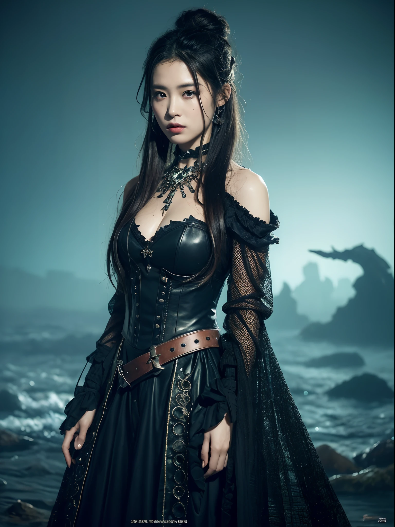 (top-quality、hight resolution、masterpiece:1.3)、Produces works of women that combine a dark and mad world view centered on black with intense fantasy elements in high quality。(pirates, pirate costume, pirate ship)She is dressed as a pirate。It has an eerie and attractive appearance.、A black fashion style that wraps around the whole body highlights her personality。The background is a fantastic fantasy world.、Spooky sea、Strange sea creatures and magical plants exist。Her figure is mysterious.、Dark atmosphere and fantasy essence blend brilliantly。 Light and shadow effects are skillfully expressed、The details of the black costume and her face and expression are drawn in detail.。Fantasy elements are even stronger、A magical light envelops her。The overall atmosphere is mysterious and enchanting, yet、Gives it a unique artistic touch。This piece stands out for its blacks and dark tones.、Evokes visual stimulation and aesthetic sensations、Will give the viewer interest and mysterious charm。 Create high-quality works that weave fantasy elements into a dark and mad world。Her eerie and charming figure and fantastic background、It will make a deep impression on the viewer as a unique work of art.。
