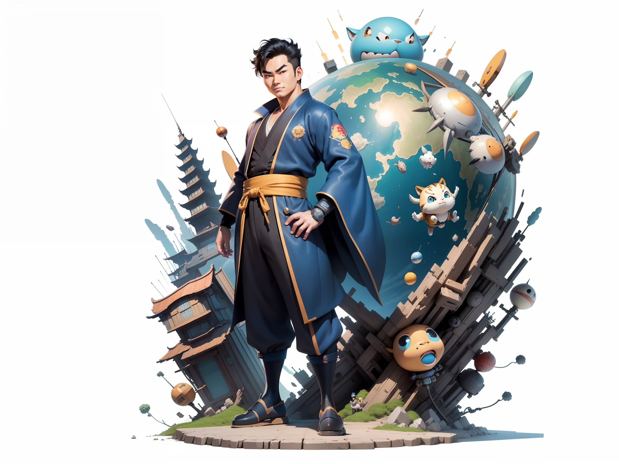 (Masterpiece), (Excellent), (Super Meticulous), (Full Body: 1.2), Super Young Man, Oriental Face, Japanese Kimono, Japanese Wind Thunder God, Dragon, Tiger, TV Anchor, Bust Portrait Illustration, Alone, Black Suit, Blue Tie, Slightly Chubby Face, Very Clean Face, No Beard, Black Super Short Hair, Black Eyes, Confident Smile, 3c Computer Sub-Products, iPad, iPhone, Digital Painting, 3D Character Design by Akira Toriyama and Mark Claireden and Pixar and Hayao Miyazaki, The illustration is a high-definition illustration in 4K resolution with very detailed facial features and cartoon-style visuals.