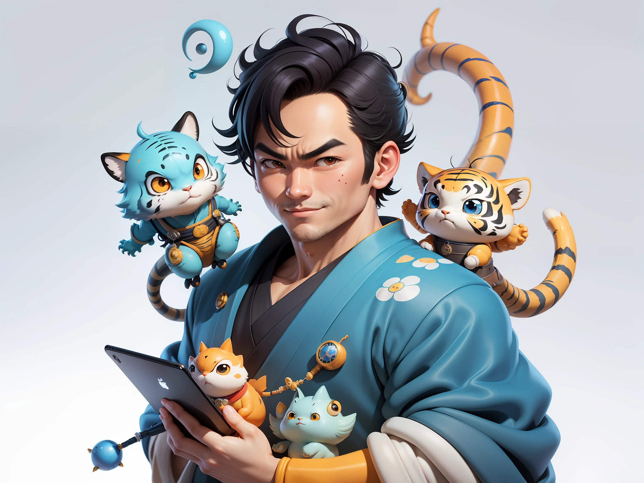 (Masterpiece), (Excellent), (Super Meticulous), (Full Body: 1.2), Super Young Man, Oriental Face, Japanese Kimono, Japanese Wind Thunder God, Dragon, Tiger, TV Anchor, Bust Portrait Illustration, Alone, Black Suit, Blue Tie, Slightly Chubby Face, Very Clean Face, No Beard, Black Super Short Hair, Black Eyes, Confident Smile, 3c Computer Sub-Products, iPad, iPhone, Digital Painting, 3D Character Design by Akira Toriyama and Mark Claireden and Pixar and Hayao Miyazaki, The illustration is a high-definition illustration in 4K resolution with very detailed facial features and cartoon-style visuals.