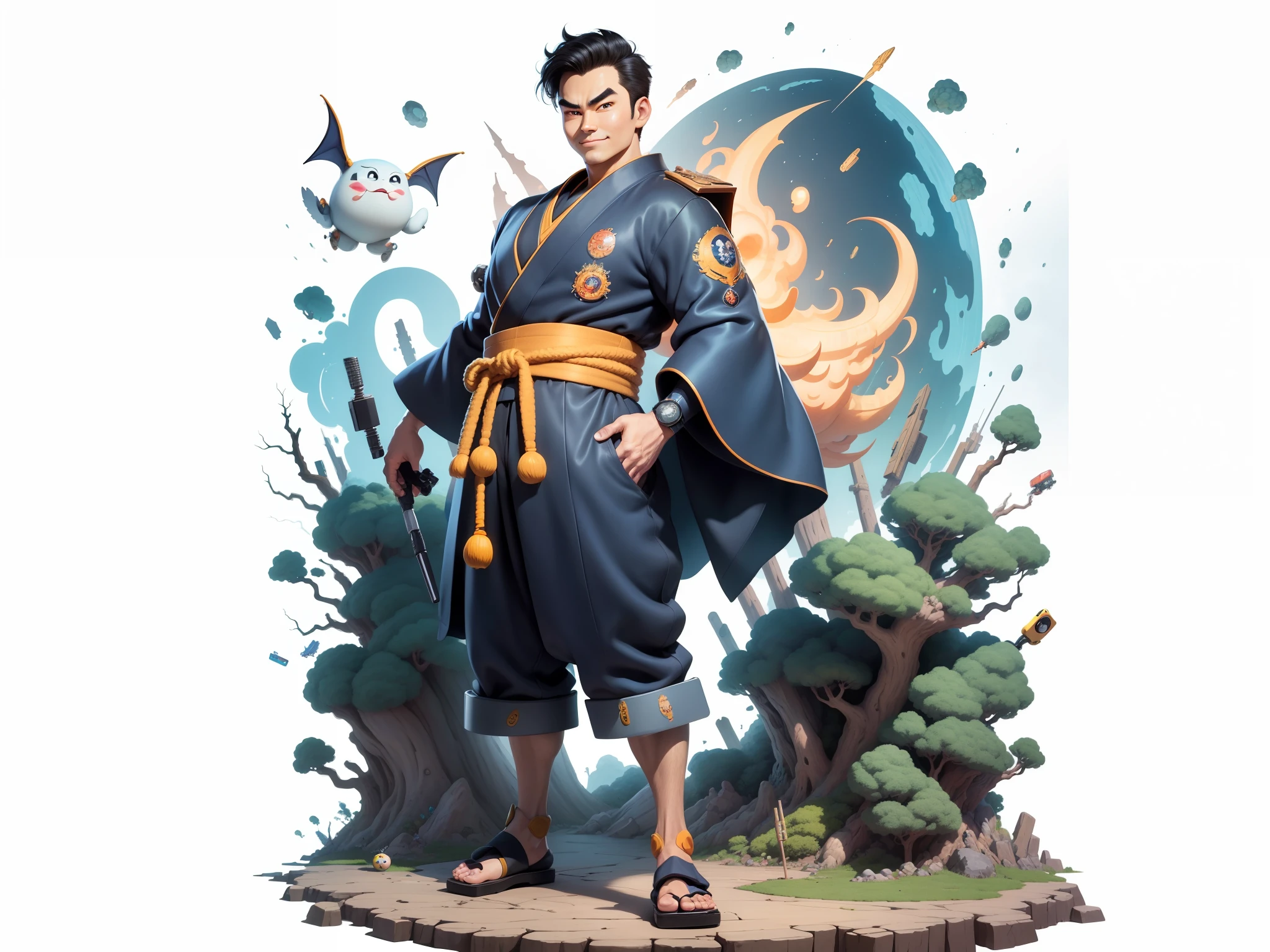 (Masterpiece), (Excellent), (Super Meticulous), (Full Body: 1.2), Super Young Man, Oriental Face, Japanese Kimono, Japanese Wind Thunder God, Dragon, Tiger, TV Anchor, Bust Portrait Illustration, Alone, Black Suit, Blue Tie, Slightly Chubby Face, Very Clean Face, No Beard, Black Super Short Hair, Black Eyes, Confident Smile, 3c Computer Sub-Products, iPad, iPhone, Digital Painting, 3D Character Design by Akira Toriyama and Mark Claireden and Pixar and Hayao Miyazaki, The illustration is a high-definition illustration in 4K resolution with very detailed facial features and cartoon-style visuals.