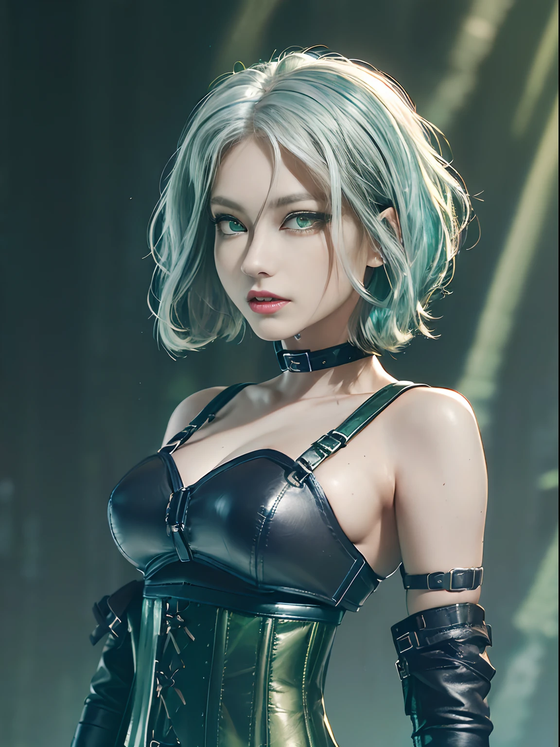 ((((Buckles, Straps)))), Seductive, ((Black leather)), (((((Succubus))))), Slightly happy, Short hair, (((white hair))), ((white hair with ((blue tips)))), blue dye, ((((((green eyes)))))), ((small breasts)), best quality, high-res, masterpiece, (((mature, woman))), solo, 1 girl