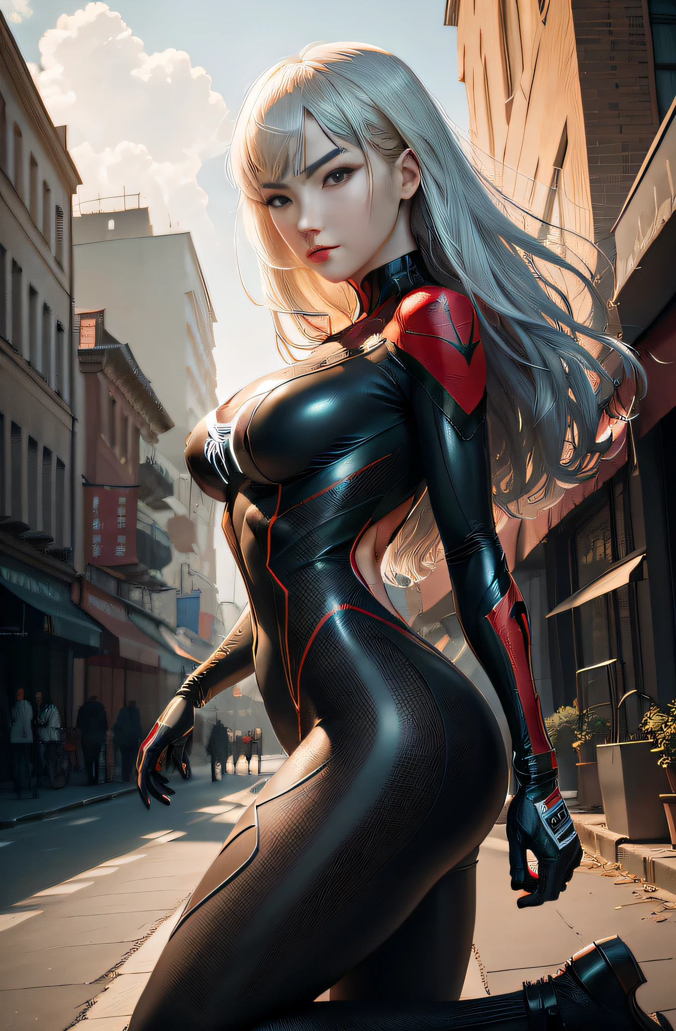 On the street there is a woman in a black and red suit posing, IG model | Art germ, Extremely detailed Artgerm, Ross Tran 8 K, Style Artgerm, author:Chen Jiesheng, in the style artgerm, Artistic germ style, Fanart Meilleure ArtStation, alena aenami and artgerm, 3 D rendering character art 8 K