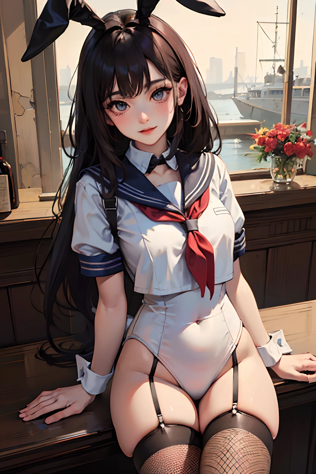 ((masterpiece,best quality)), highres, extremely detailed 8K wallpaper, depth_of_field, best shadow, (Colorful),(Delicate eyes and face), nice hand, Perfect hands, volumatic light, Ray tracing, BREAK
(1girl in), , hair: {Black hair, (Messy hair:1.2), Blunt bangs, long Hair, (Big hair:1.2)} Purple eyes, Sharp eyes, Big breasts, slender, skinny, Happy, blush, BREAK,
(wear white school uniform top over black playboy_bunny leotard:1.3), (sailor collar:1.5), (red tie:1.3), (fake animal ears), (Parted clothes at the top and bottom:1.2), (short sleeves:1.1), (black BunnyGirl Costume:0.8), (fishnet stockings:1.2), High heels, (rabbit_tail:1.2), BREAK,
Cowboy Shots, Looking at Viewer, stomach focus, inside the bar, Ultra detailed backgrounds,