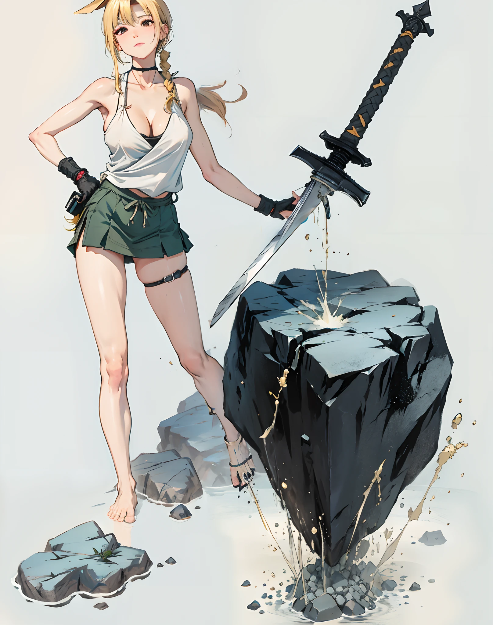 A sword, a huge blade plunged into the rock,Small rocks splashed around