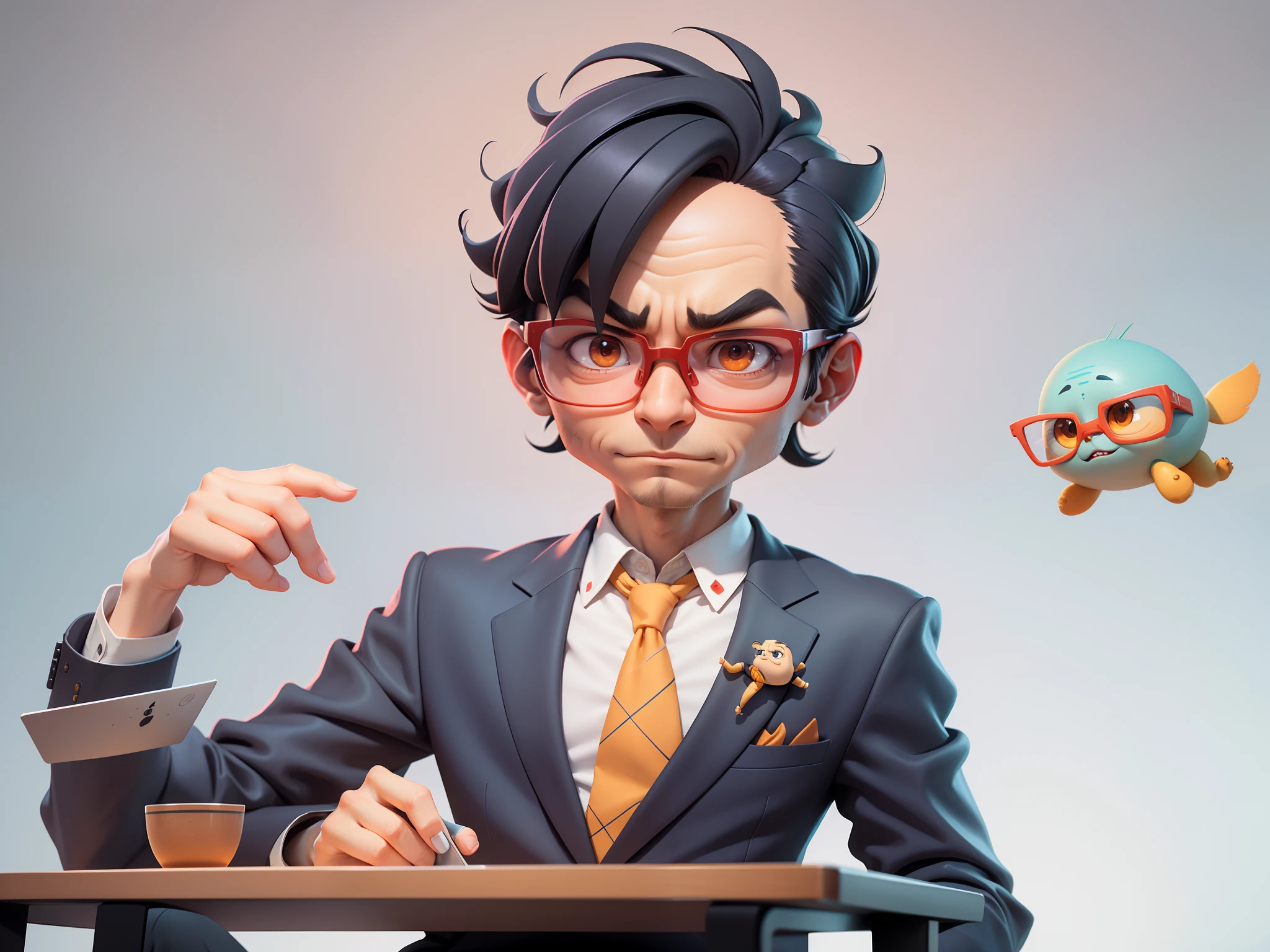 A young man in a suit, Short hair and glasses sat at his desk,holding laptop,digitial painting,tigre,3D character design by Mark Clairen and Pixar and Hayao Miyazaki and Akira Toriyama,4K HD illustration,Very detailed facial features and cartoon-style visuals。
