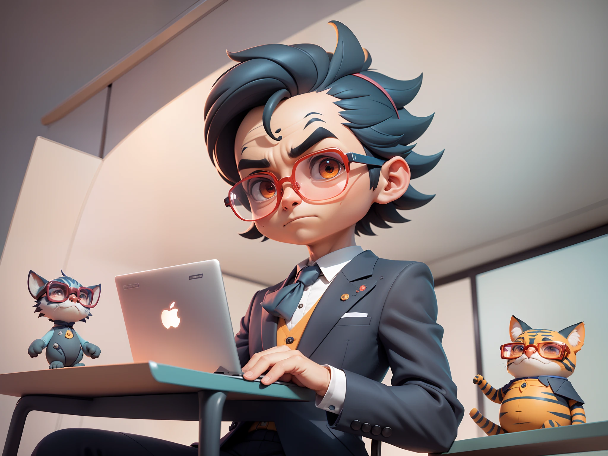 A young man in a suit, Short hair and glasses sat at his desk，holding laptop，digitial painting，tigre，3D character design by Mark Clairen and Pixar and Hayao Miyazaki and Akira Toriyama，4K HD illustration，Very detailed facial features and cartoon-style visuals。