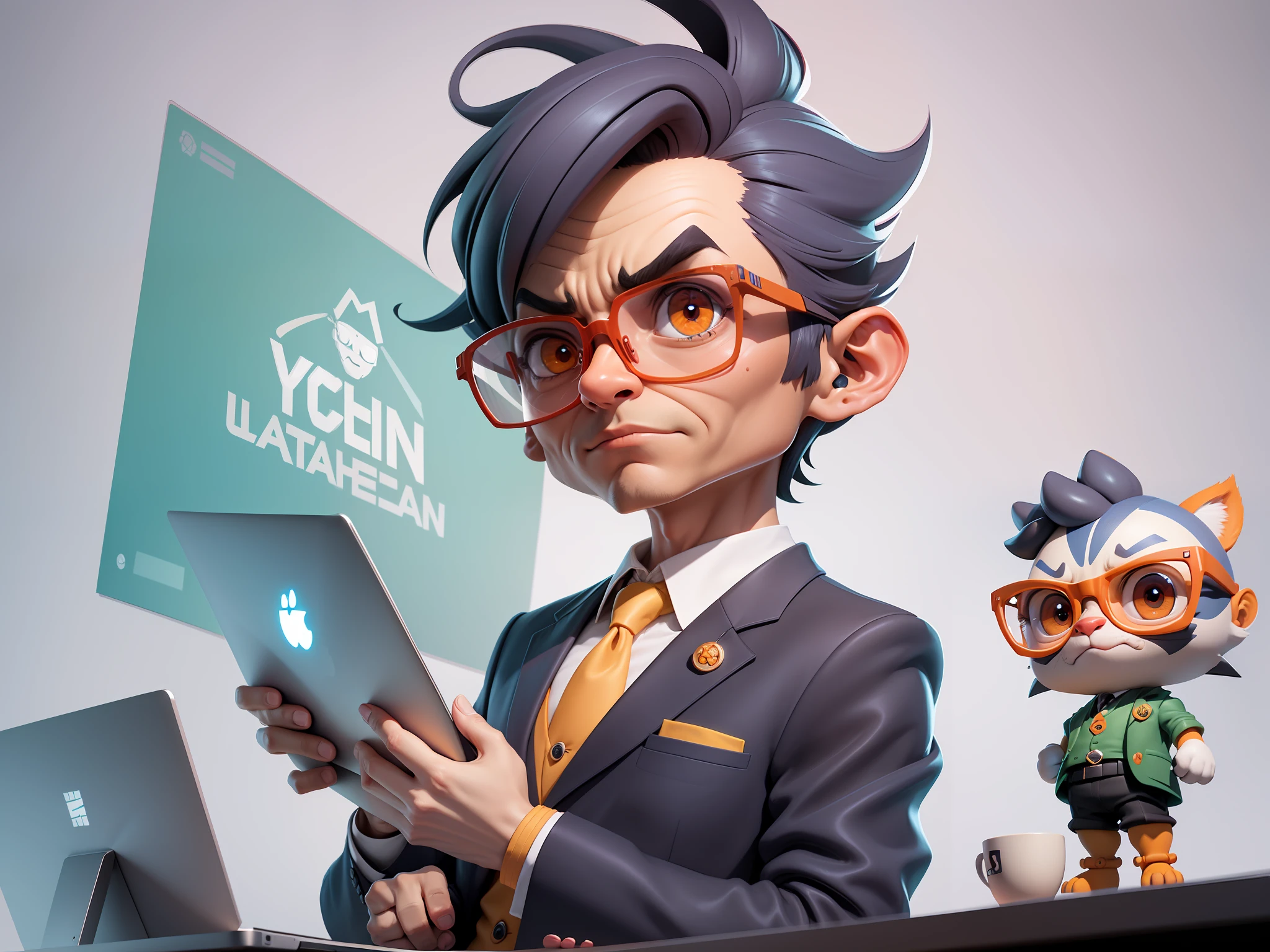 A young man in a suit, Short hair and glasses sat at his desk,holding laptop,digitial painting,tigre,3D character design by Mark Clairen and Pixar and Hayao Miyazaki and Akira Toriyama,4K HD illustration,Very detailed facial features and cartoon-style visuals。