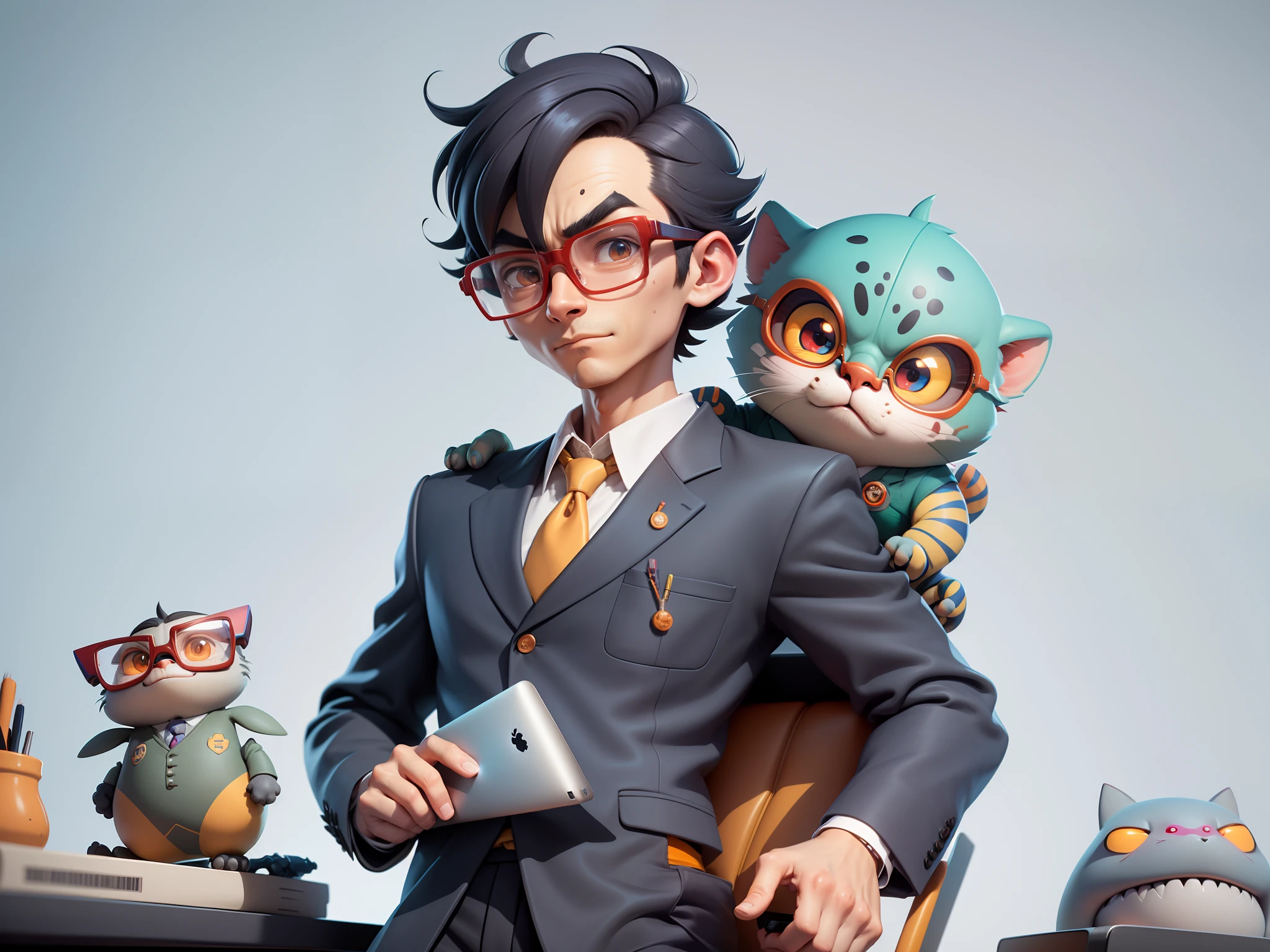 A young man in a suit, Short hair and glasses sat at his desk,holding laptop,digitial painting,tigre,3D character design by Mark Clairen and Pixar and Hayao Miyazaki and Akira Toriyama,4K HD illustration,Very detailed facial features and cartoon-style visuals。