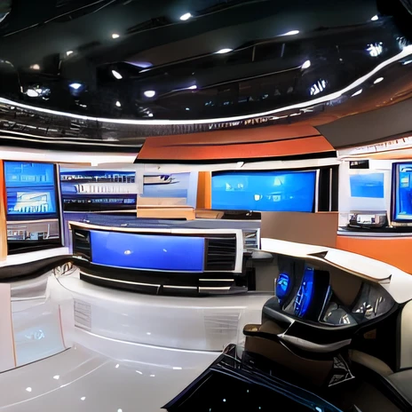 a closeup of a television studio with multiple screens and a television, tv studio, conjunto virtual, telas de tv em segundo plano, news broadcast, studio background, Telas de TV, inside a large studio, Sede da ArtStation", tv production, TV News, Professional studio, Televisores, television show, cenografia, studio backdrop, studio 4 k