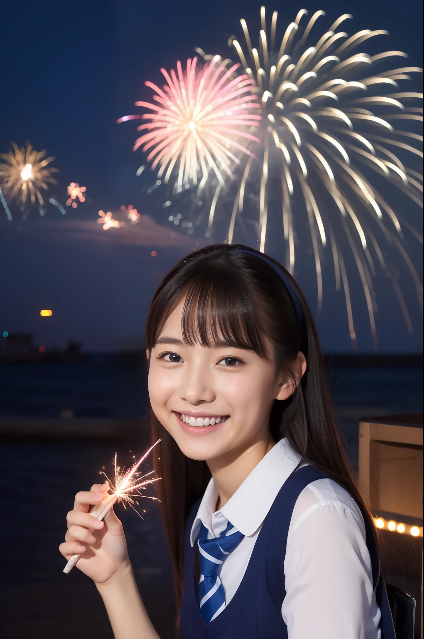 A smile、hi-school girl、校服、While doing fireworks、mare