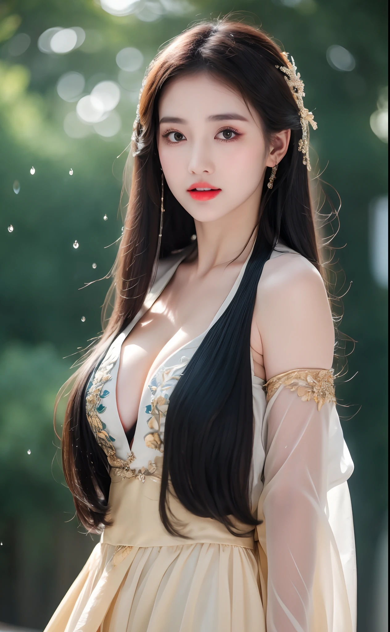 ((Best Quality, 8k, Masterpiece: 1.3)), Focus: 1.2, Perfect Body Beauty: 1.4, Buttocks: 1.2, ((Layered Haircut)), (Wet Clothes: 1.1), (Rain, Street:1.3), (Breasts: 1.2), (Hanfu: 1.2), Bare Shoulders, Bare Legs, Highly Detailed Face and Skin Texture, Fine Eyes, Double Eyelids, Whitened Skin, Long Hair, (Shut Up: 1.5), (Bokeh Background: 1.5), Big Breasts