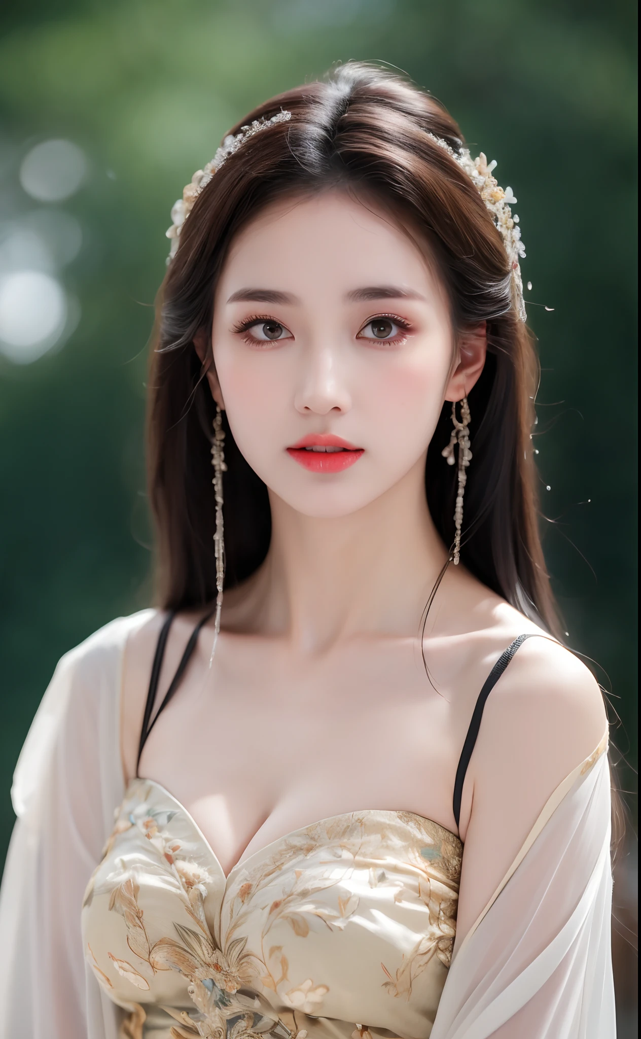 ((Best Quality, 8k, Masterpiece: 1.3)), Focus: 1.2, Perfect Body Beauty: 1.4, Buttocks: 1.2, ((Layered Haircut)), (Wet Clothes: 1.1), (Rain, Street:1.3), (Breasts: 1.2), (Hanfu: 1.2), Bare Shoulders, Bare Legs, Highly Detailed Face and Skin Texture, Fine Eyes, Double Eyelids, Whitened Skin, Long Hair, (Shut Up: 1.5), (Bokeh Background: 1.5), Big Breasts