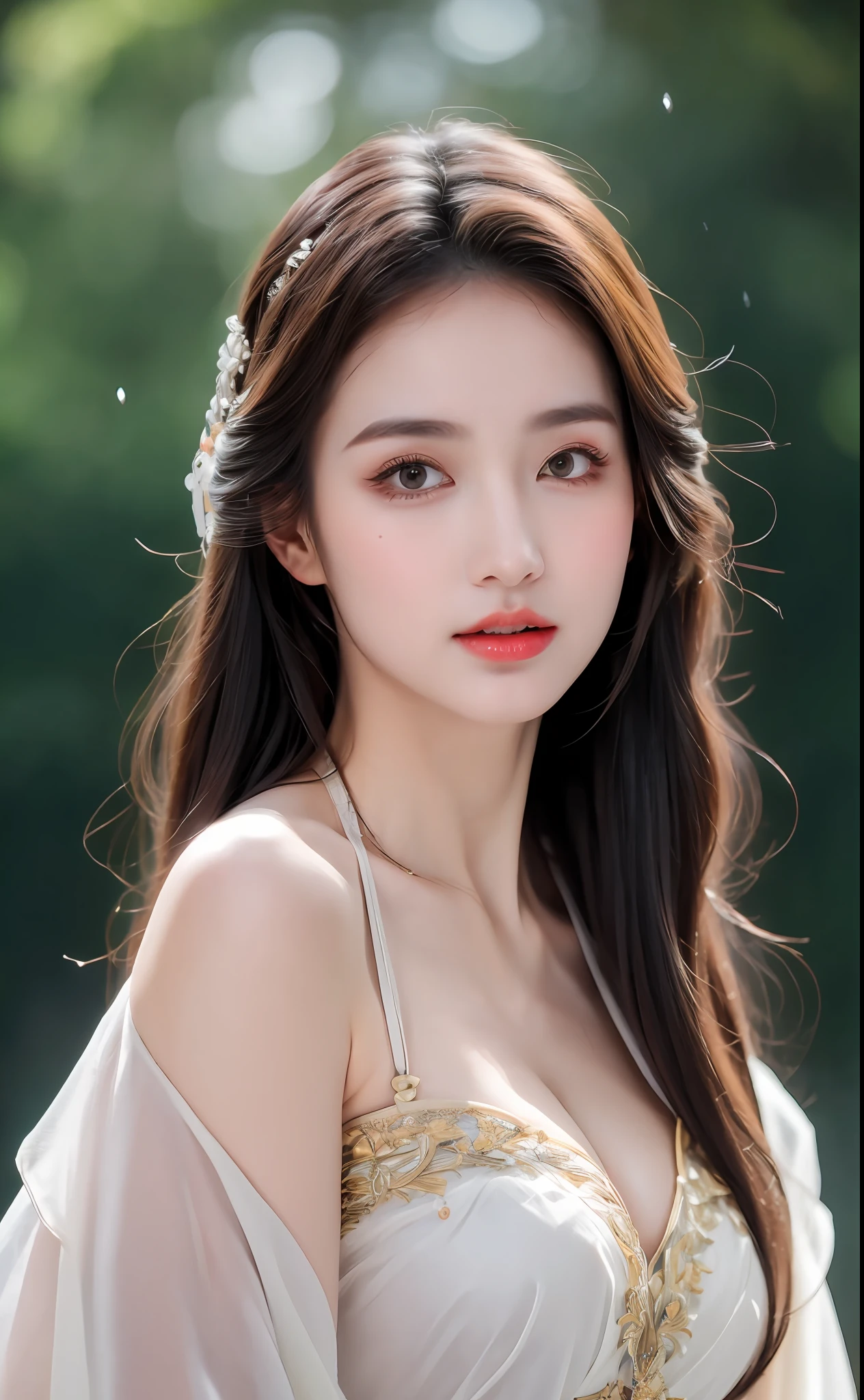 ((Best Quality, 8k, Masterpiece: 1.3)), Focus: 1.2, Perfect Body Beauty: 1.4, Buttocks: 1.2, ((Layered Haircut)), (Wet Clothes: 1.1), (Rain, Street:1.3), (Breasts: 1.2), (Hanfu: 1.2), Bare Shoulders, Bare Legs, Highly Detailed Face and Skin Texture, Fine Eyes, Double Eyelids, Whitened Skin, Long Hair, (Shut Up: 1.5), (Bokeh Background: 1.5), Big Breasts