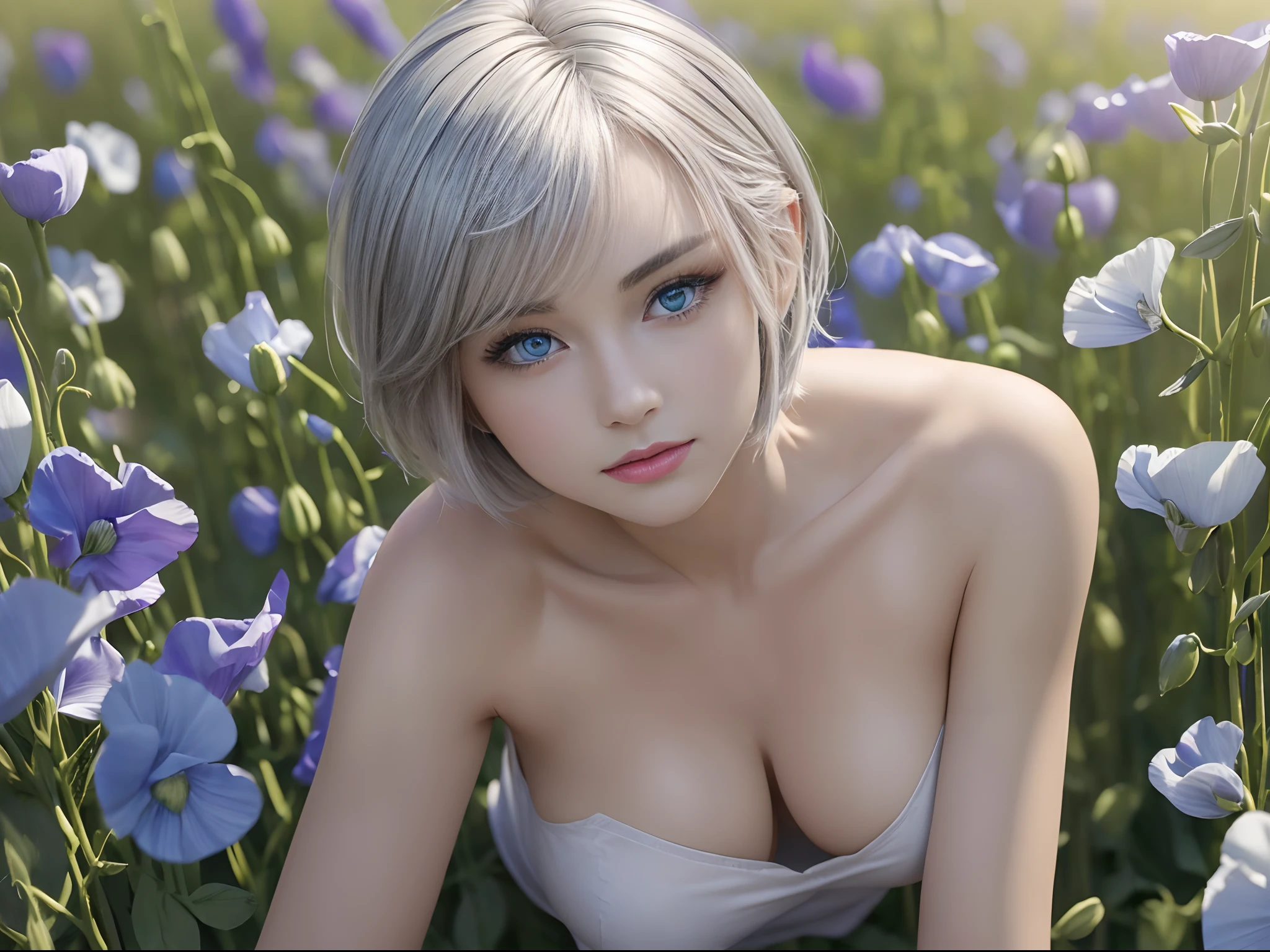 (( Real Light, Top Quality, 8k, Masterpiece: 1.3)), Normal Body Shape: 1.4, (silver short Hair, Colossal: 1.8),blue eyes ,lying , Open Legs, Ultra Detailed Face, Detailed Eyes, Double Eyelids, naked school girls in the sweet peas field
