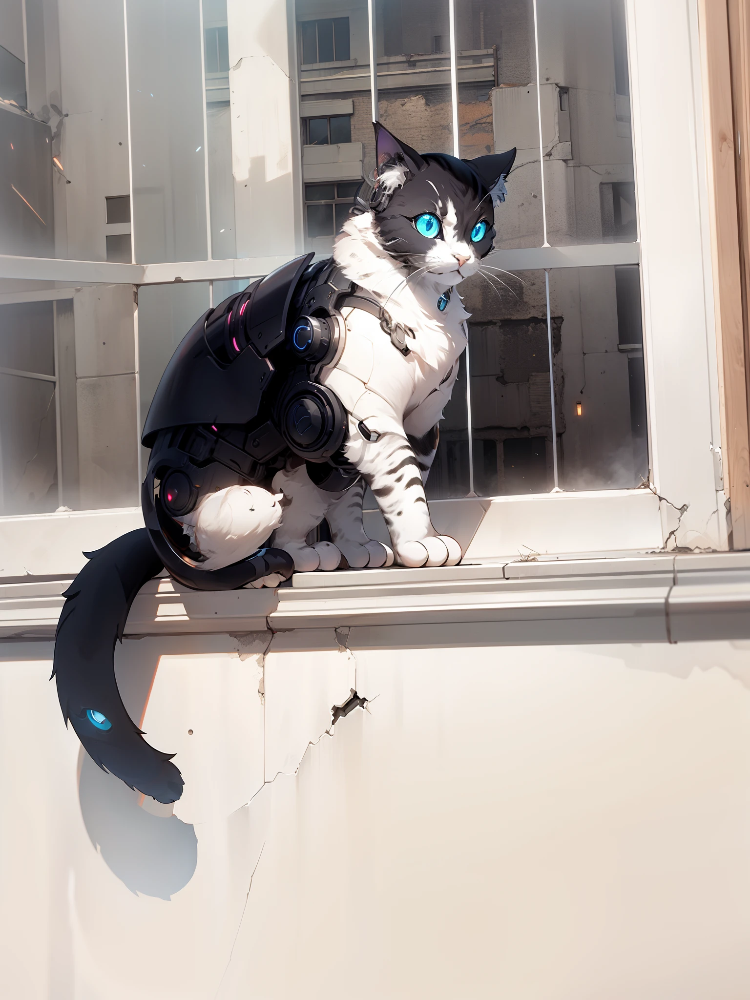 cyborg cat，black shinny half body armor, old abandoned building, end of the world.