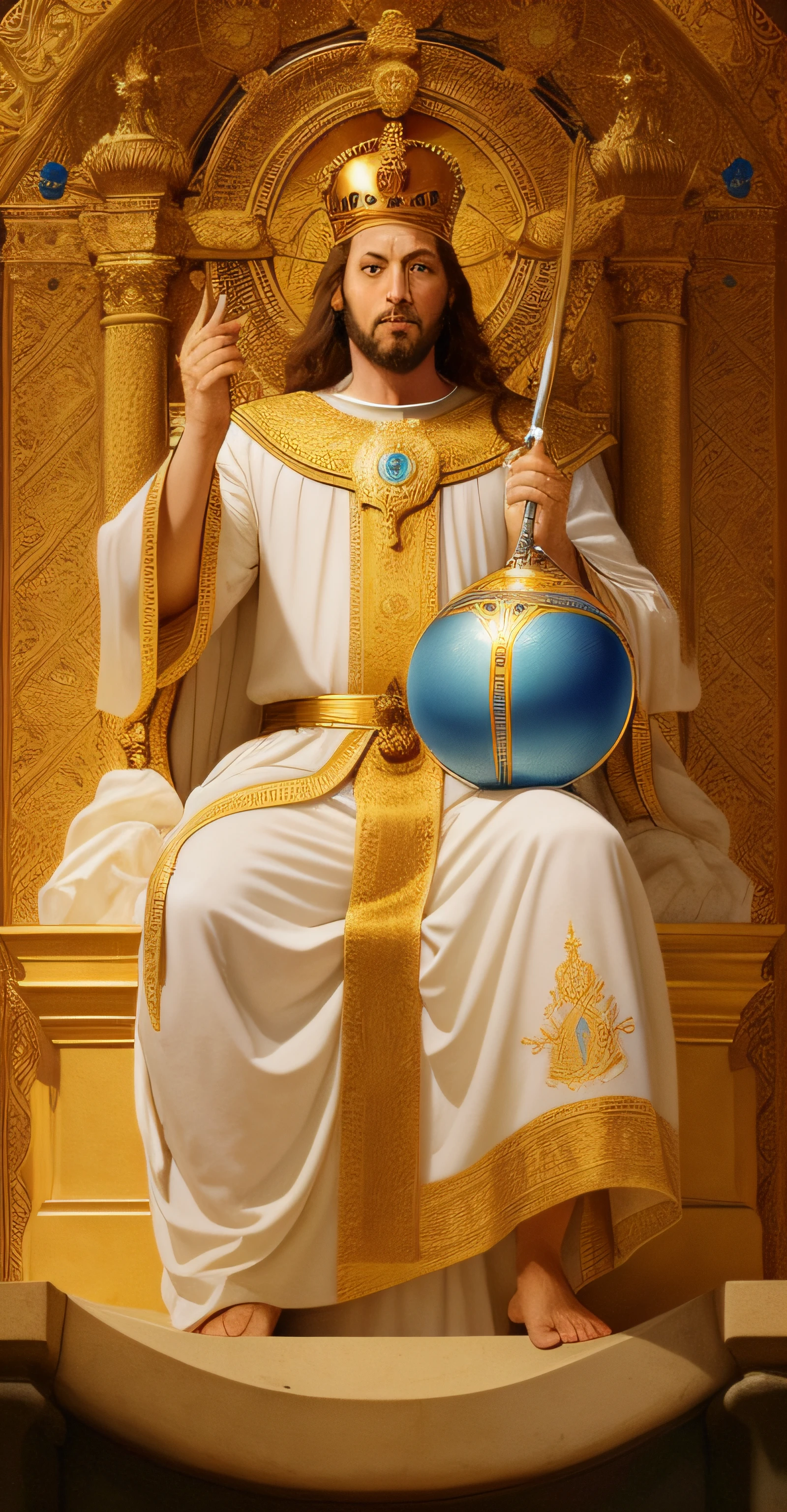 Uma pintura de Jesus sentado em um trono segurando uma bola azul, sentou-se em seu trono, sentado em um trono, Rei dos Reis, king of heaven, sitting on his throne in heaven, O Deus Imperador da Humanidade, por Watergate, Borguereau, Artgerm, Peter Christ, por Limbourg brothers, by Nicomachus of Thebes, Directed by: Jan Stanislavski, Deus imperador