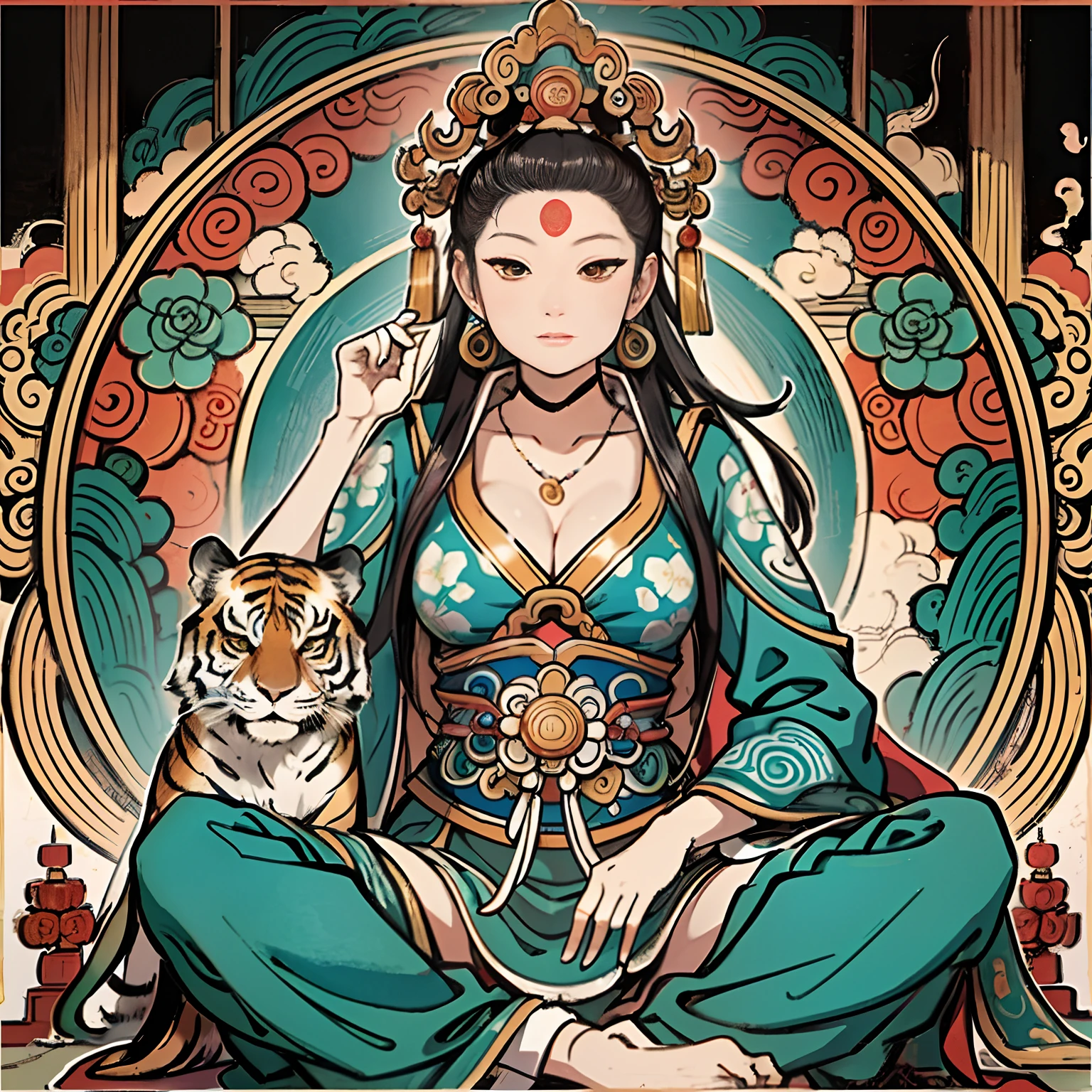 an ancient Chinese goddess, guanyin of the southern seas, Guanyin, Inspired by India, Avalokiteshvara Bodhisattva Tiger,,Serene expression,shui mo hua,Buddha,Buddhist,Lotus,Chinese painting style,Thangka style