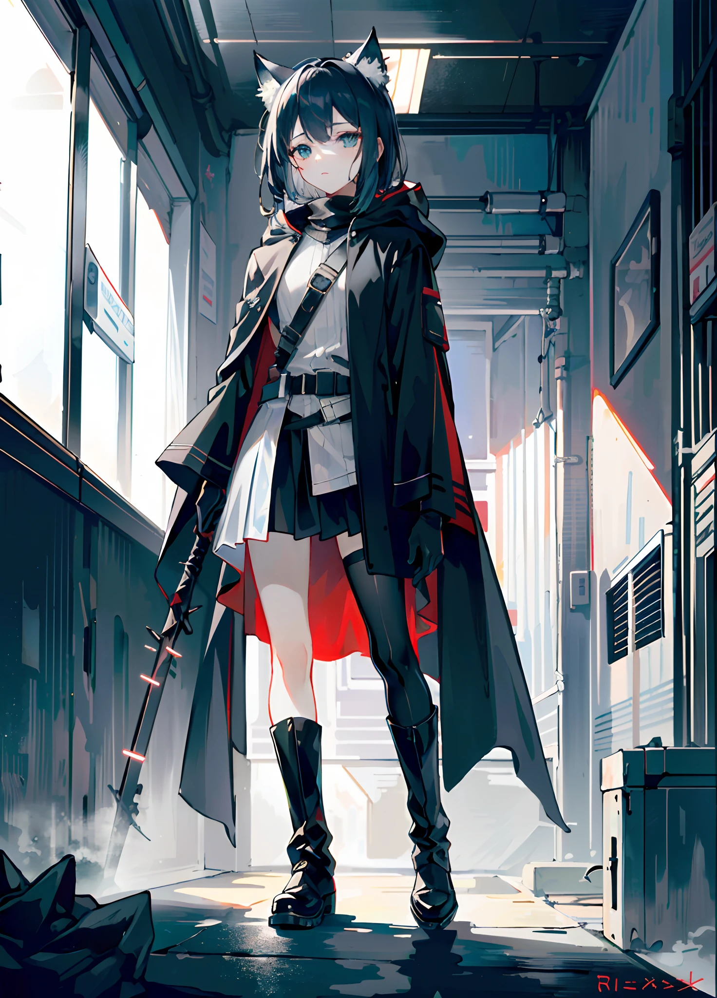 （tmasterpiece,best qualtiy,style of anime,a sense of atmosphere，higher details，cg render，Standing painting，Ray traching，sci-fy，Award-Awarded，A sense of mystery，Military，Official institutions，From Arknights)(Black color hair，Exquisite facial features，long whitr hair，hair straight，blackpupil，cat ear，in cold face，Black hooded cape，A slight mention of Darth Vader，He had a silver longsword in his hand，Black boots，Non-juveniles)（The background is a military base at night)