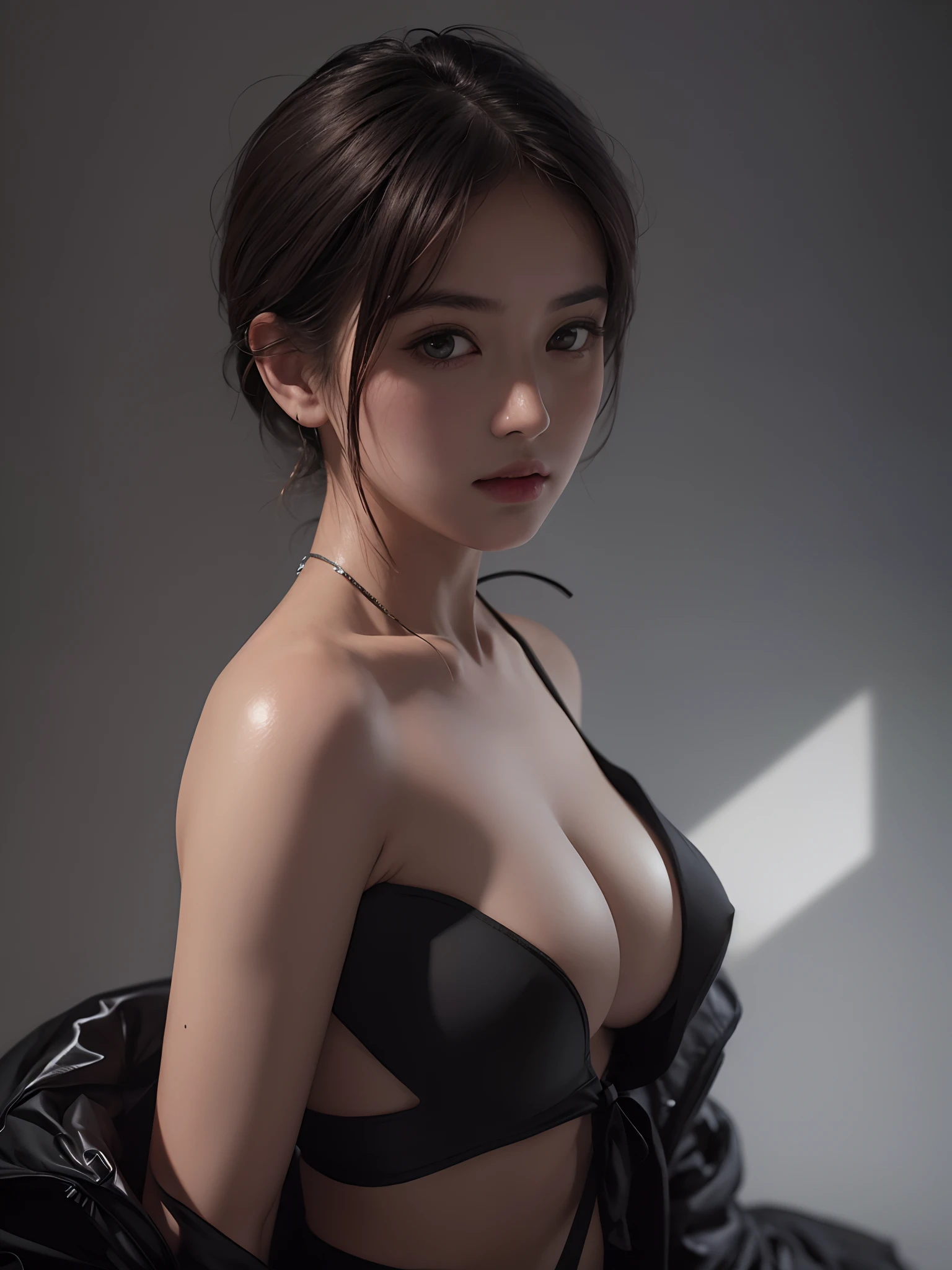 Best quality, masterpiece, ultra high res, (photorealistic:1.5), raw photo, 1girl, offshoulder, in the dark, deep shadow, low key, cold light, sexy look, short hair