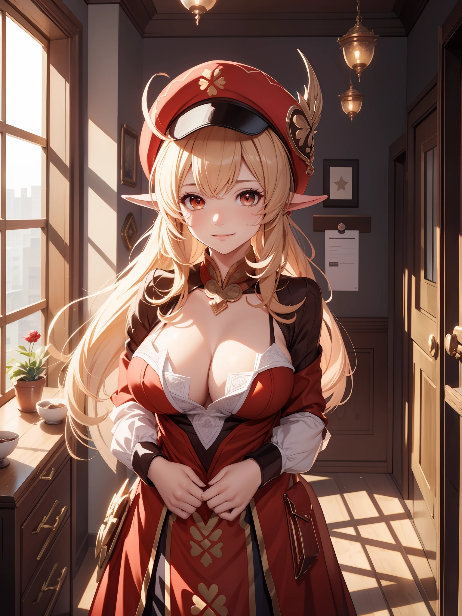 "Super exquisite CG Unity 8K wallpaper，tmasterpiece，Best Picture Quality，Extremely fine，10years old，a red hat，Red clothes，golden hair，elvish ears，ssmile，A plump chest，Generous clothes，office room，cleavage，Large breasts，Raised sexy