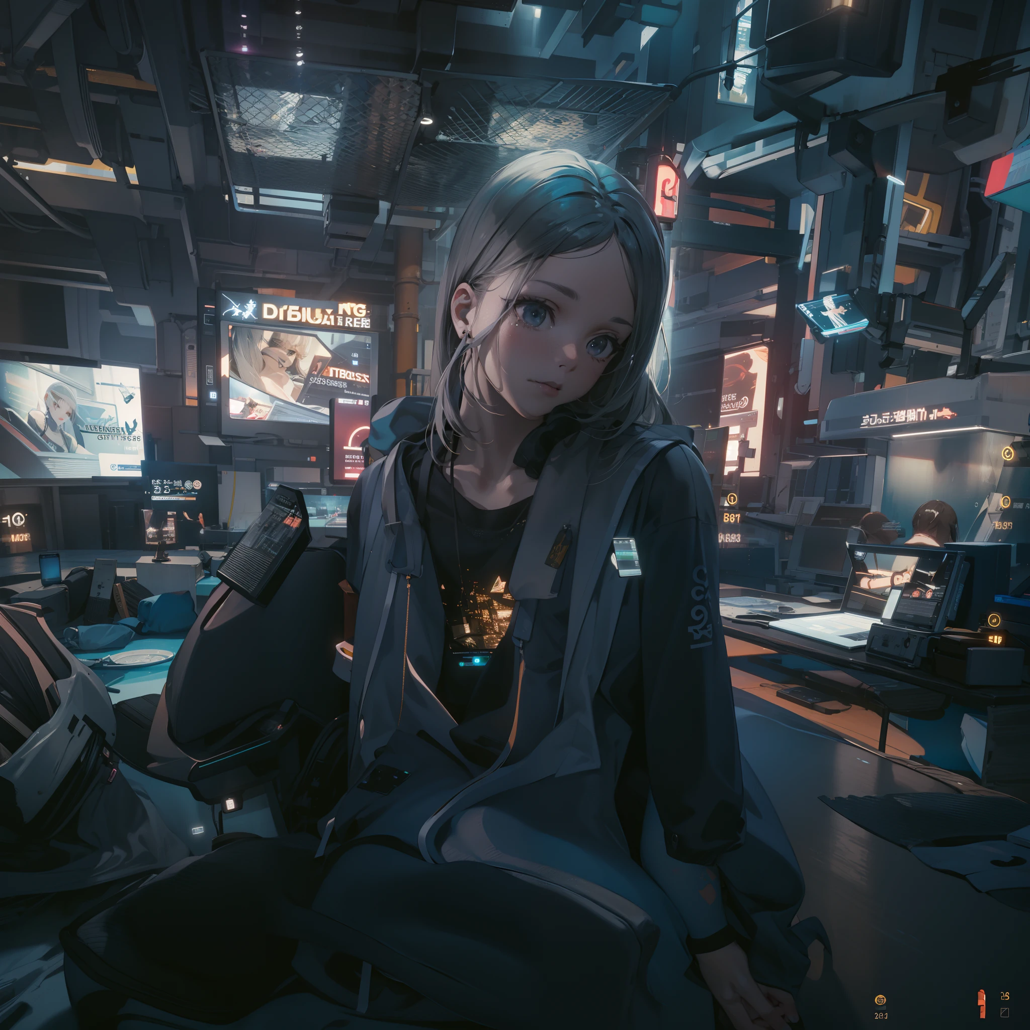 cyberpunked:1.6,Cyber City:1.8,Hi-Tech,High-tech townscape:1.8,Blowing in the wind:1.6,Relaxing girl,dutch angle shot,full body shot,medium shot,High-tech room:1.6,Cyberpunk Room:1.8,(8K), (Raw photo: 1.2), (Realism: 1.4), (masutepiece: 1.3), (exquisite detailing: 1.2), Delicate and beautiful details, (Eye Detail), (Facial Detailed), (Highest Quality) :1.4), (Hyper-Resolution: 1.2), cinematric light, (very detailed illustration),Best Quality,depth of fields, Wide light, natural shadows