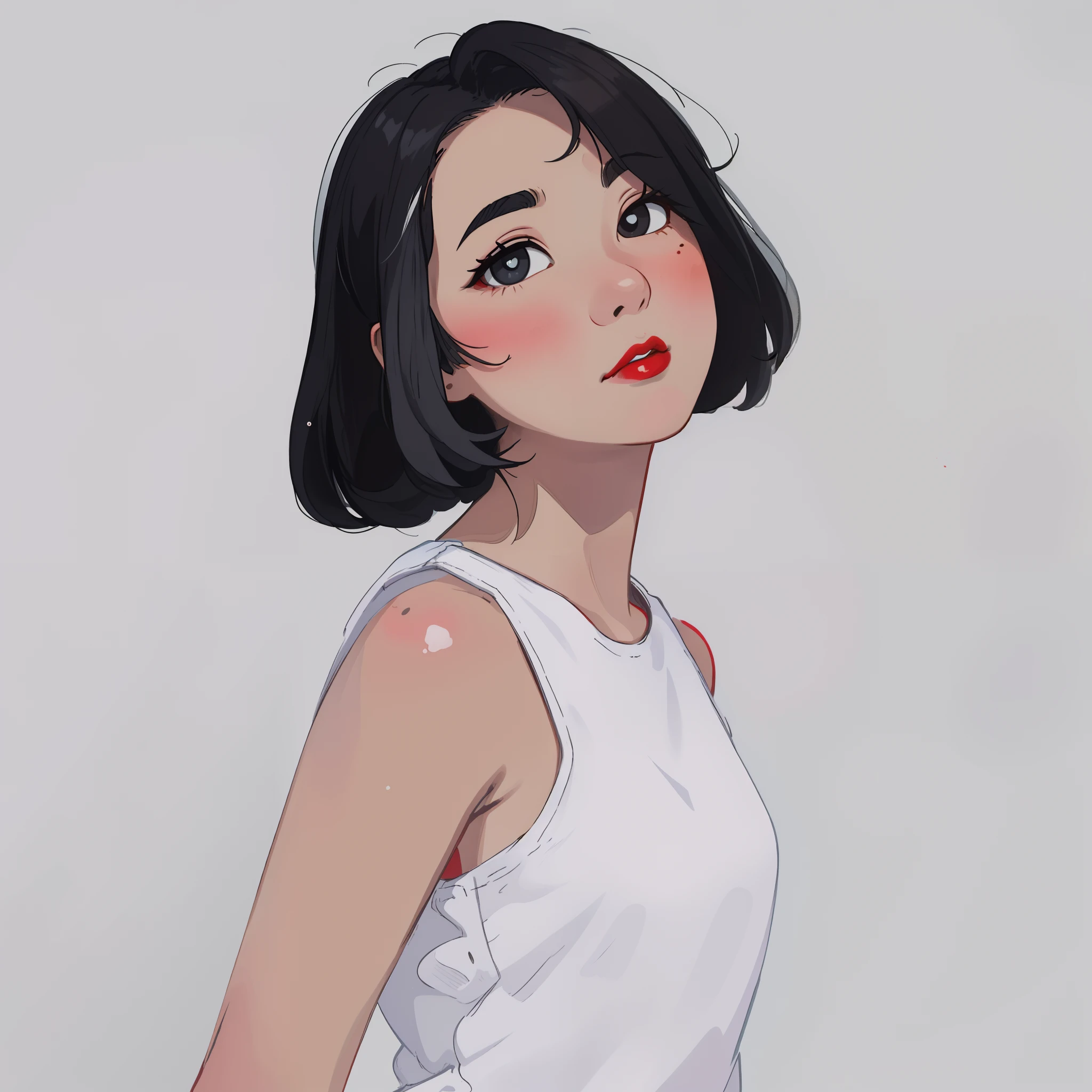 (thick lips, red lips), asian girl, slanted eyes, red lips, looking at viewer, cartoon girl, childrens art in artstation, cute detailed digital art, cute art style, cute detailed artwork, adorable digital painting, cute digital art, a beautiful artwork illustration, 1girl, solo, photography, portrait of young girl, detail, masterpiece, high quality best quality, close up, solo, portrait, looking at viewer, black eyes, focus on girl, best quality, closed mouth, upper body, character