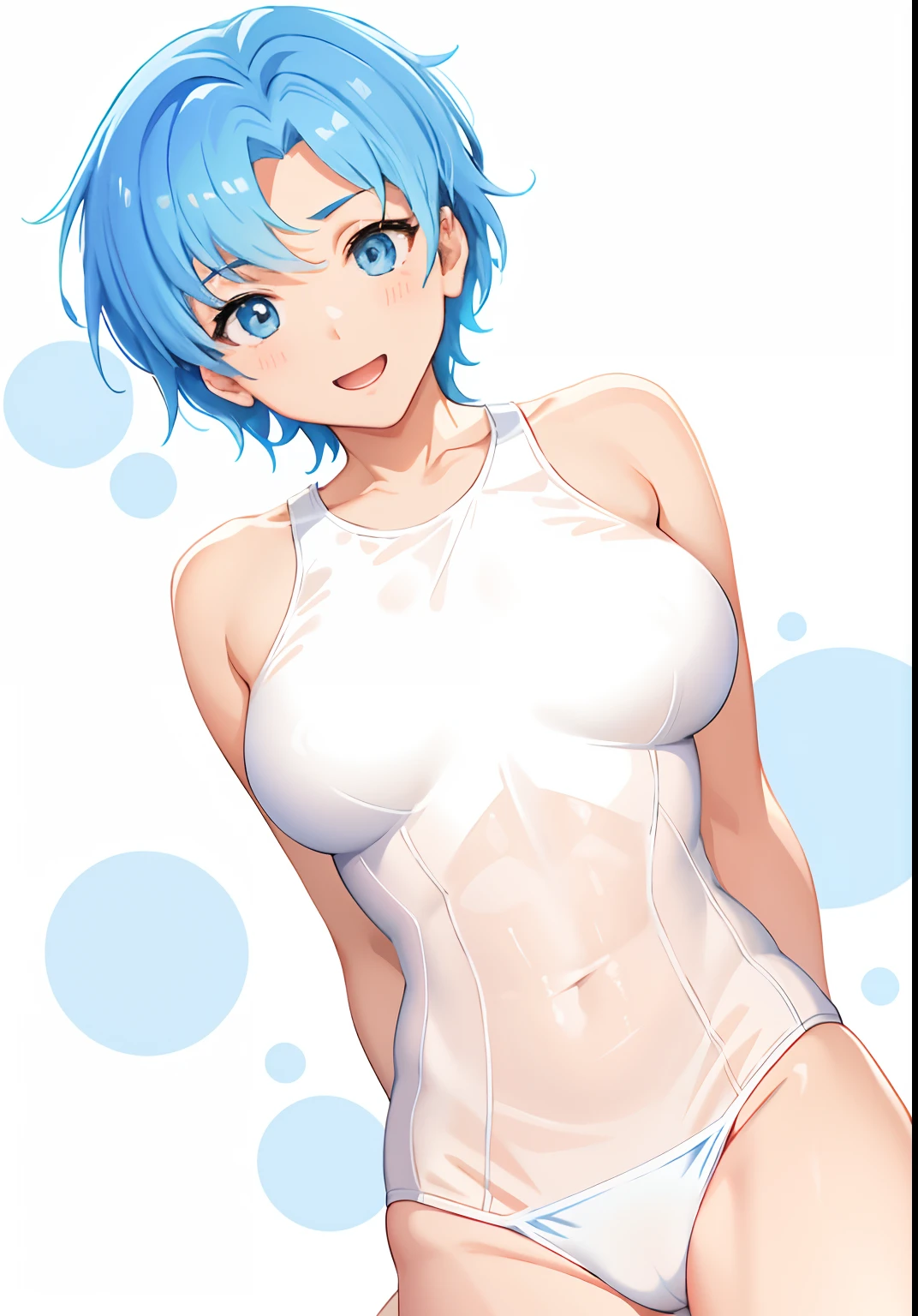 Cartoon photo of a man in a white swimsuit, swim wears, Man with short blue hair, wearing a swimming wear, garments:High-cut swimwear, Rogue Anime Boy, Boy with short hair, Swimsuit, Cute boy in tank suit,
